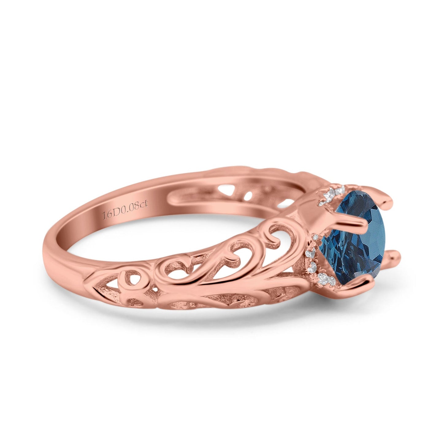 14K Rose Gold 1.11ct Round Art Deco Filigree 6.5mm G SI London Blue Topaz Diamond Engagement Wedding Ring Size 6.5