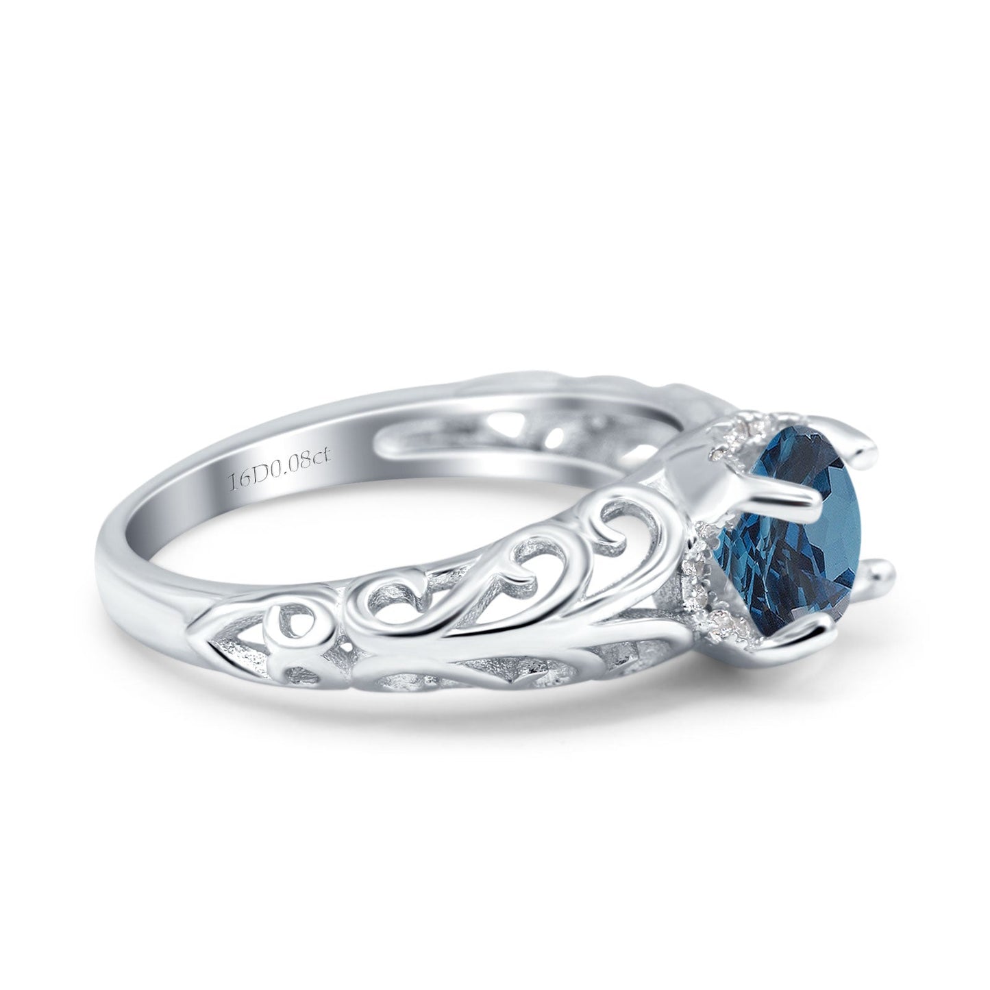 14K White Gold 1.11ct Round Art Deco Filigree 6.5mm G SI London Blue Topaz Diamond Engagement Wedding Ring Size 6.5