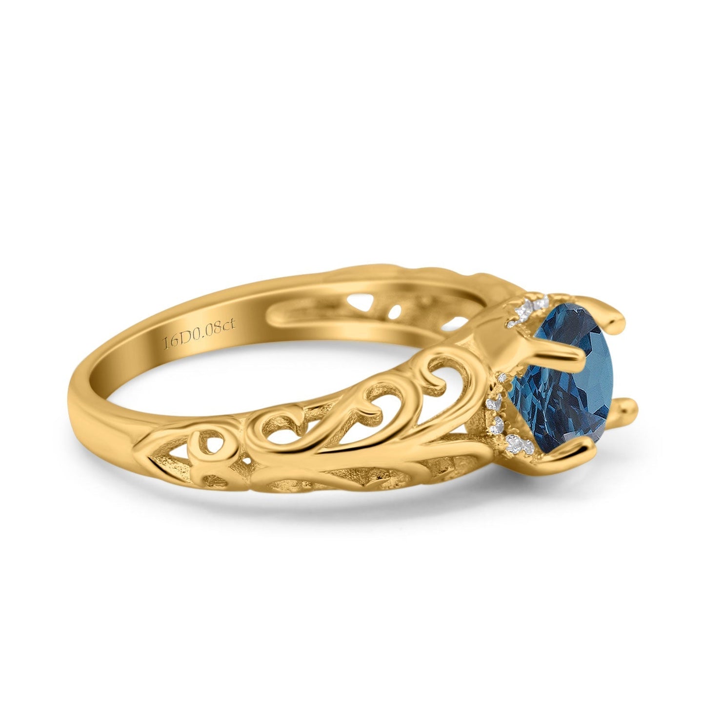 14K Yellow Gold 1.11ct Round Art Deco Filigree 6.5mm G SI London Blue Topaz Diamond Engagement Wedding Ring Size 6.5