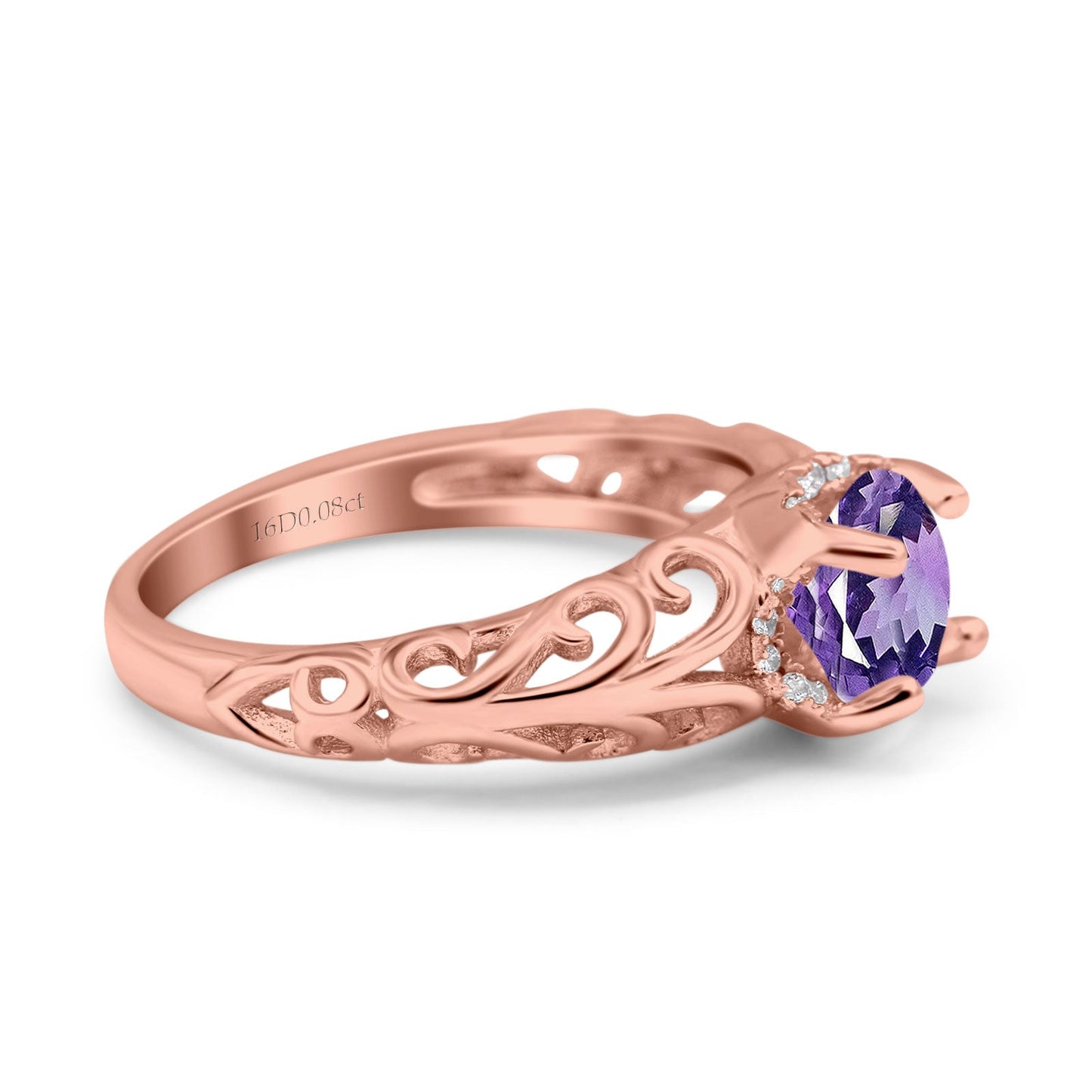 14K Rose Gold 1.11ct Round Art Deco Filigree 6.5mm G SI Natural Amethyst Diamond Engagement Wedding Ring Size 6.5