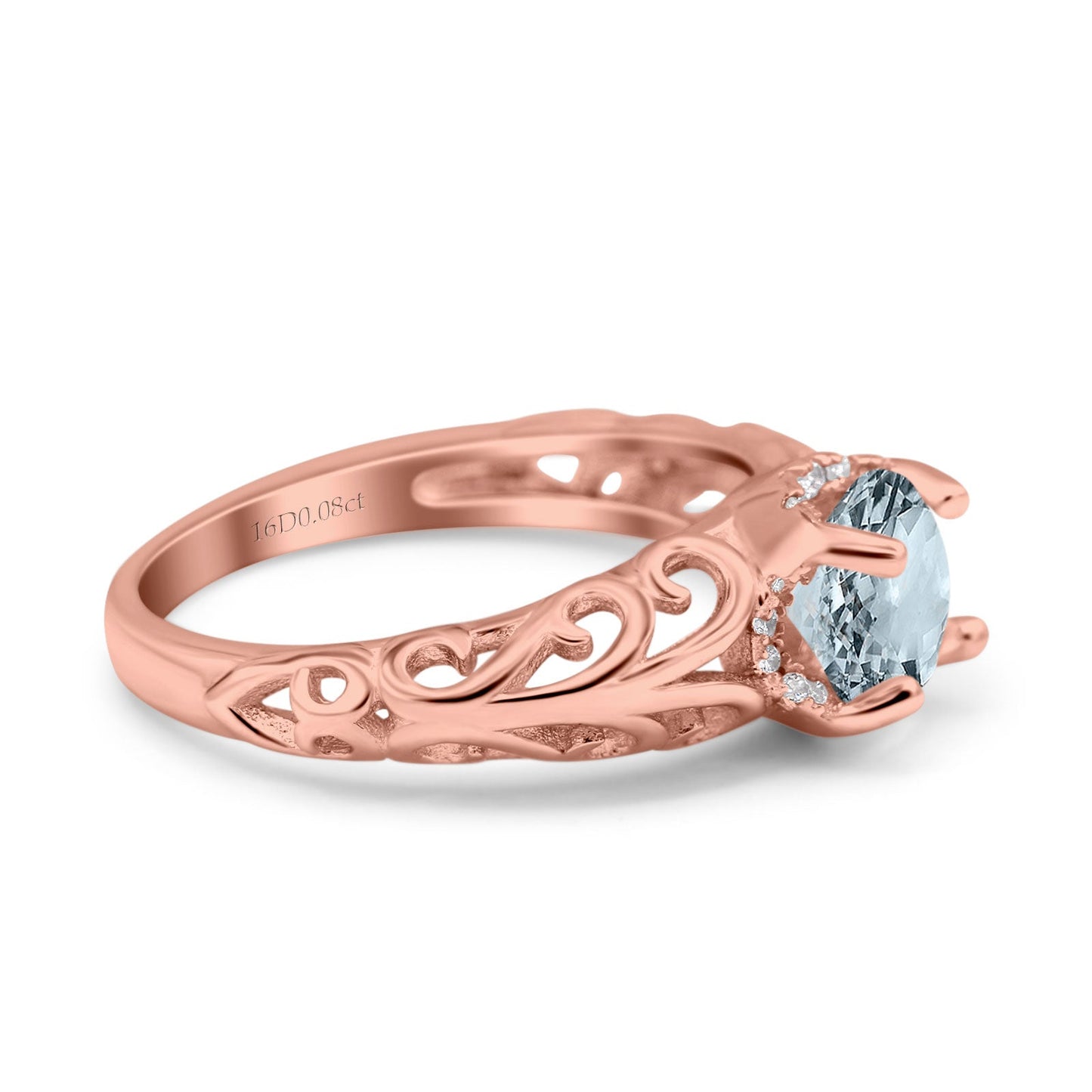 14K Rose Gold 1.11ct Round Art Deco Filigree 6.5mm G SI Natural Aquamarine Diamond Engagement Wedding Ring Size 6.5