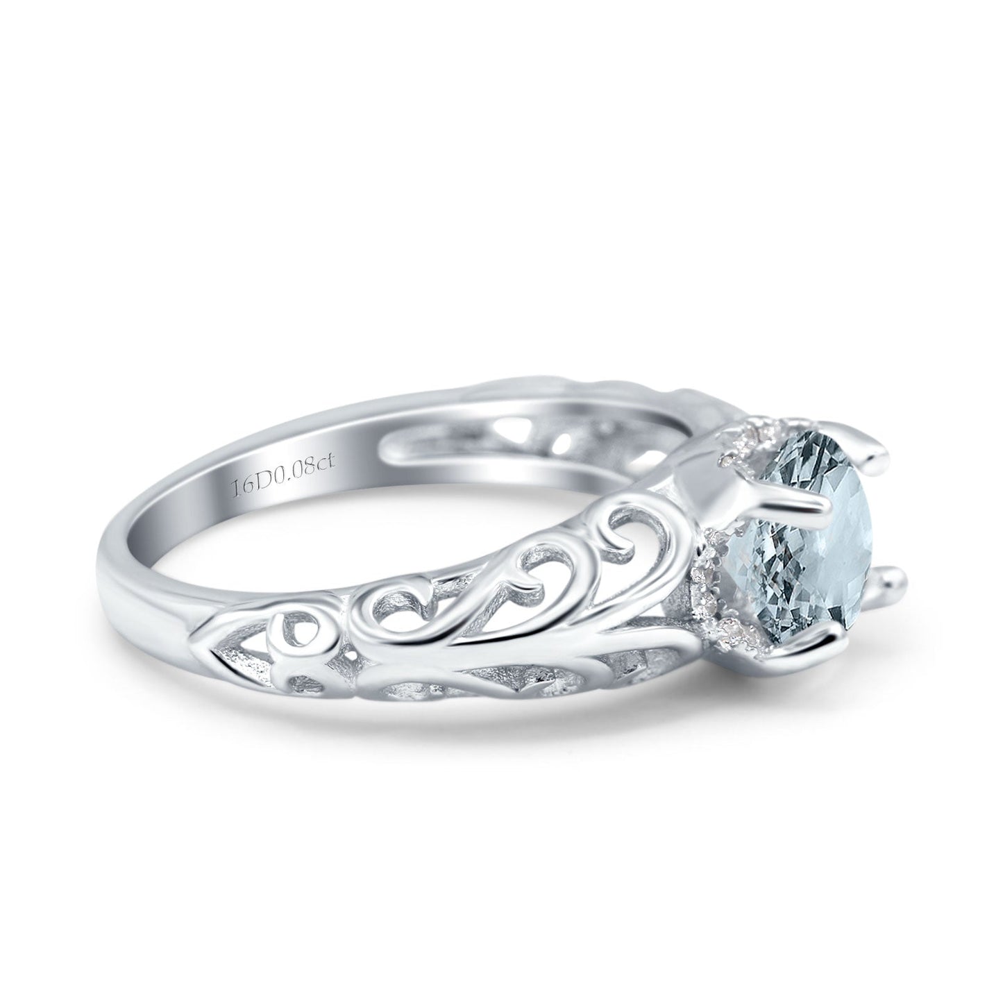 14K White Gold 1.11ct Round Art Deco Filigree 6.5mm G SI Natural Aquamarine Diamond Engagement Wedding Ring Size 6.5