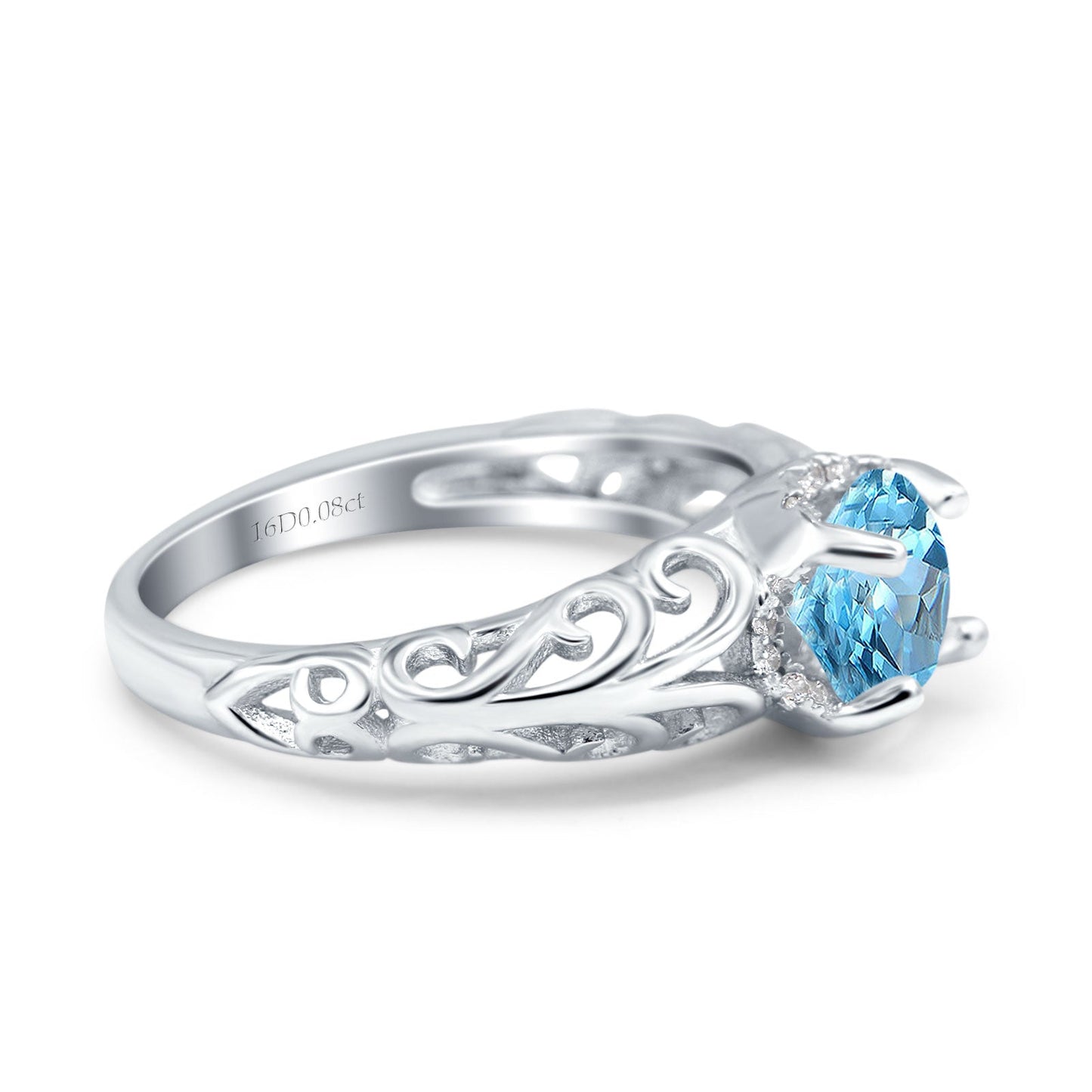 14K White Gold 1.11ct Round Art Deco Filigree 6.5mm G SI Natural Blue Topaz Diamond Engagement Wedding Ring Size 6.5