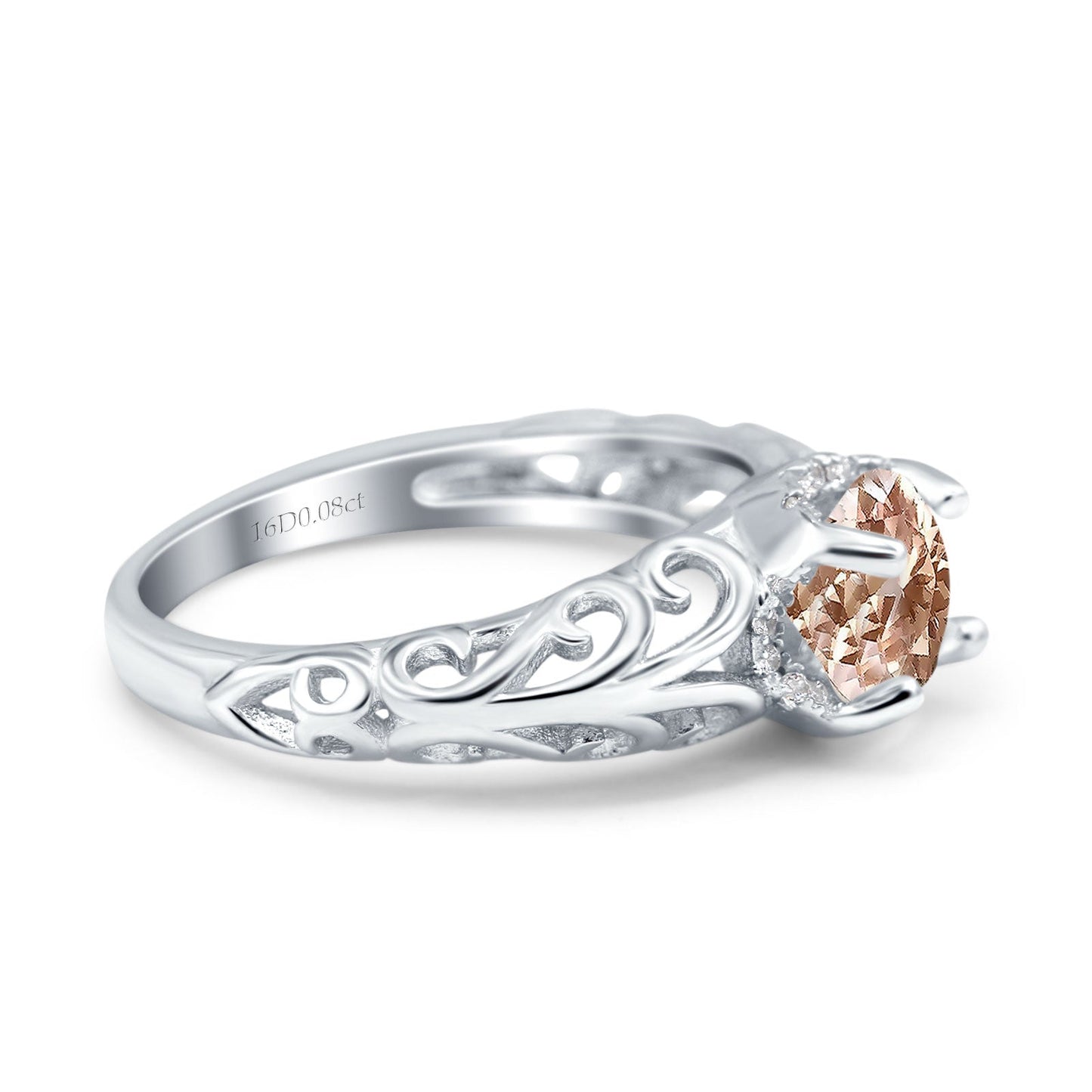 14K White Gold 1.11ct Round Art Deco Filigree 6.5mm G SI Natural Morganite Diamond Engagement Wedding Ring Size 6.5