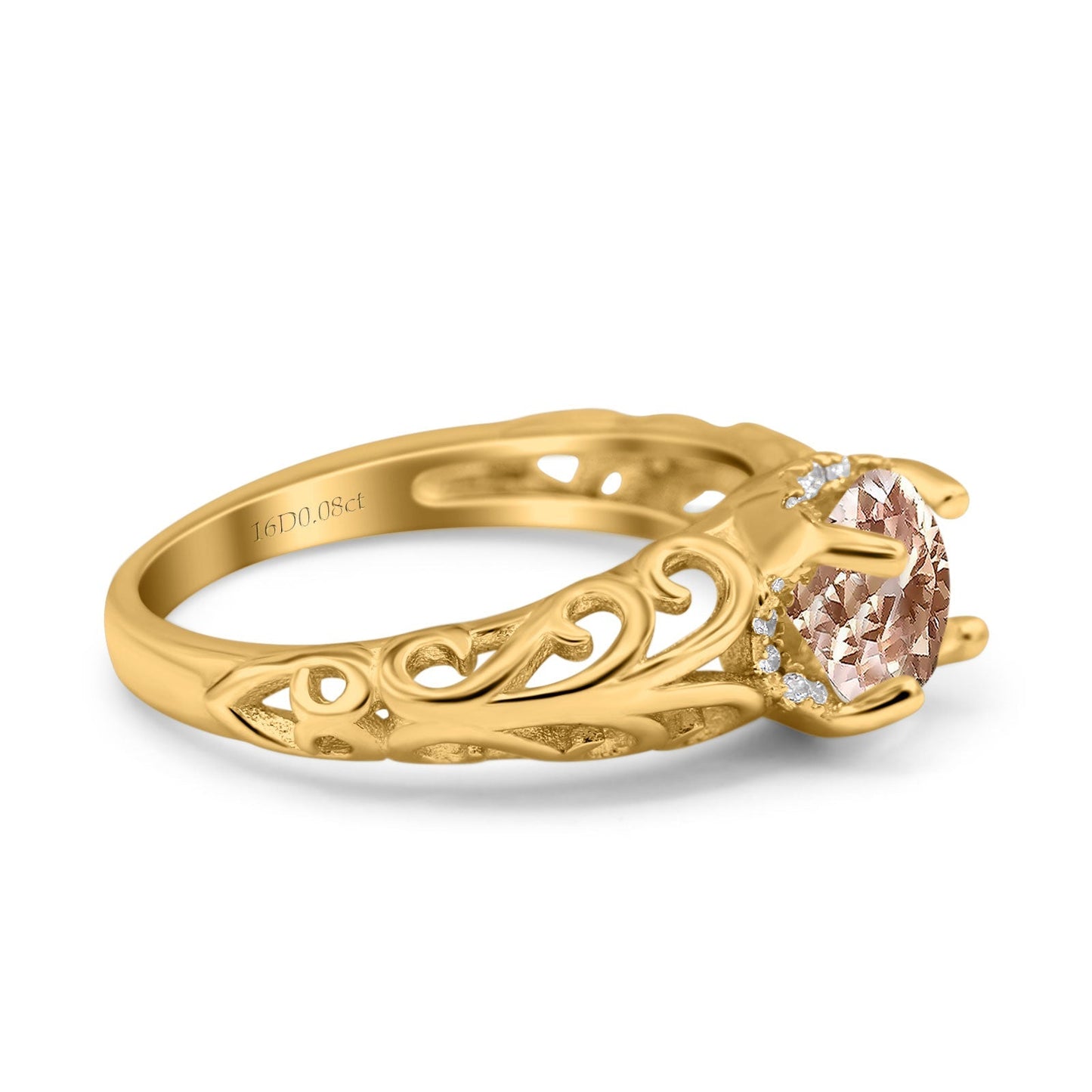 14K Yellow Gold 1.11ct Round Art Deco Filigree 6.5mm G SI Natural Morganite Diamond Engagement Wedding Ring Size 6.5