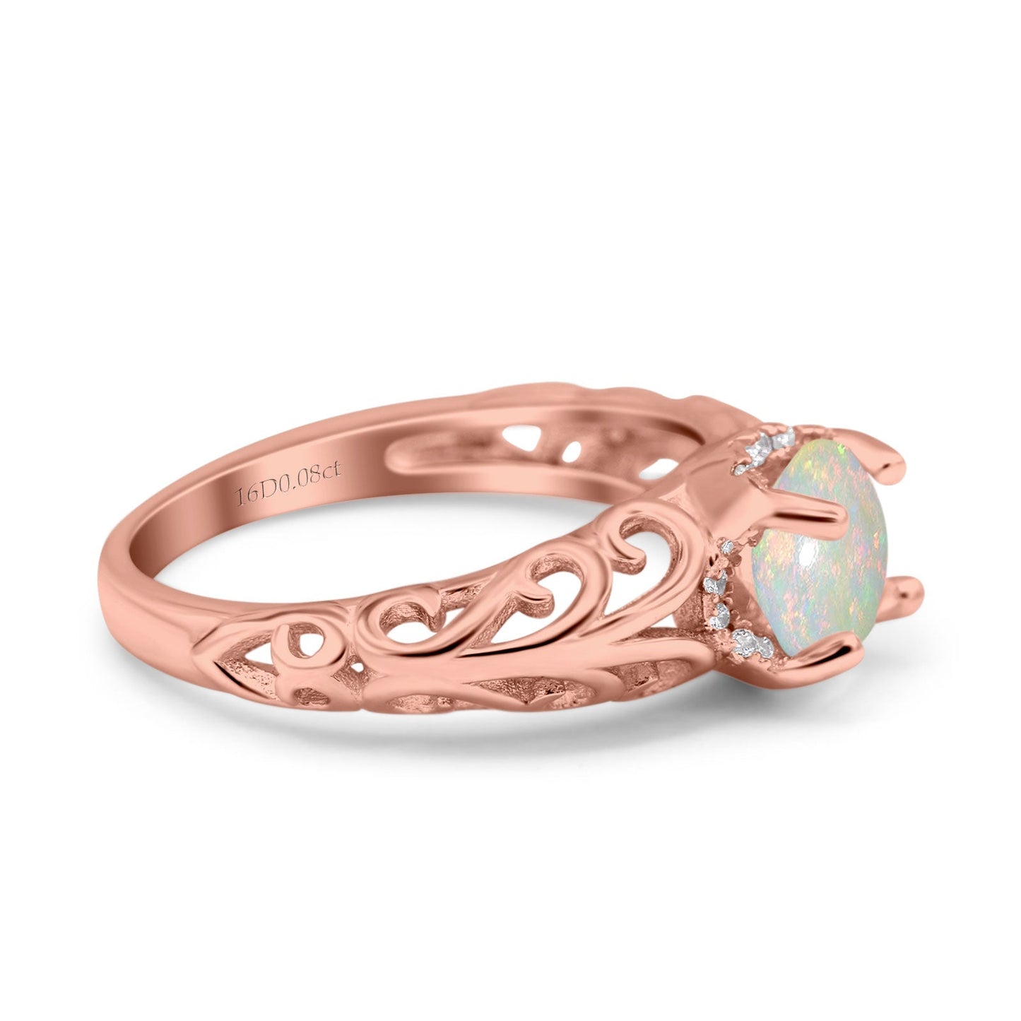 14K Rose Gold 0.08ct Round Art Deco Filigree 6.5mm G SI Natural White Opal Diamond Engagement Wedding Ring Size 6.5