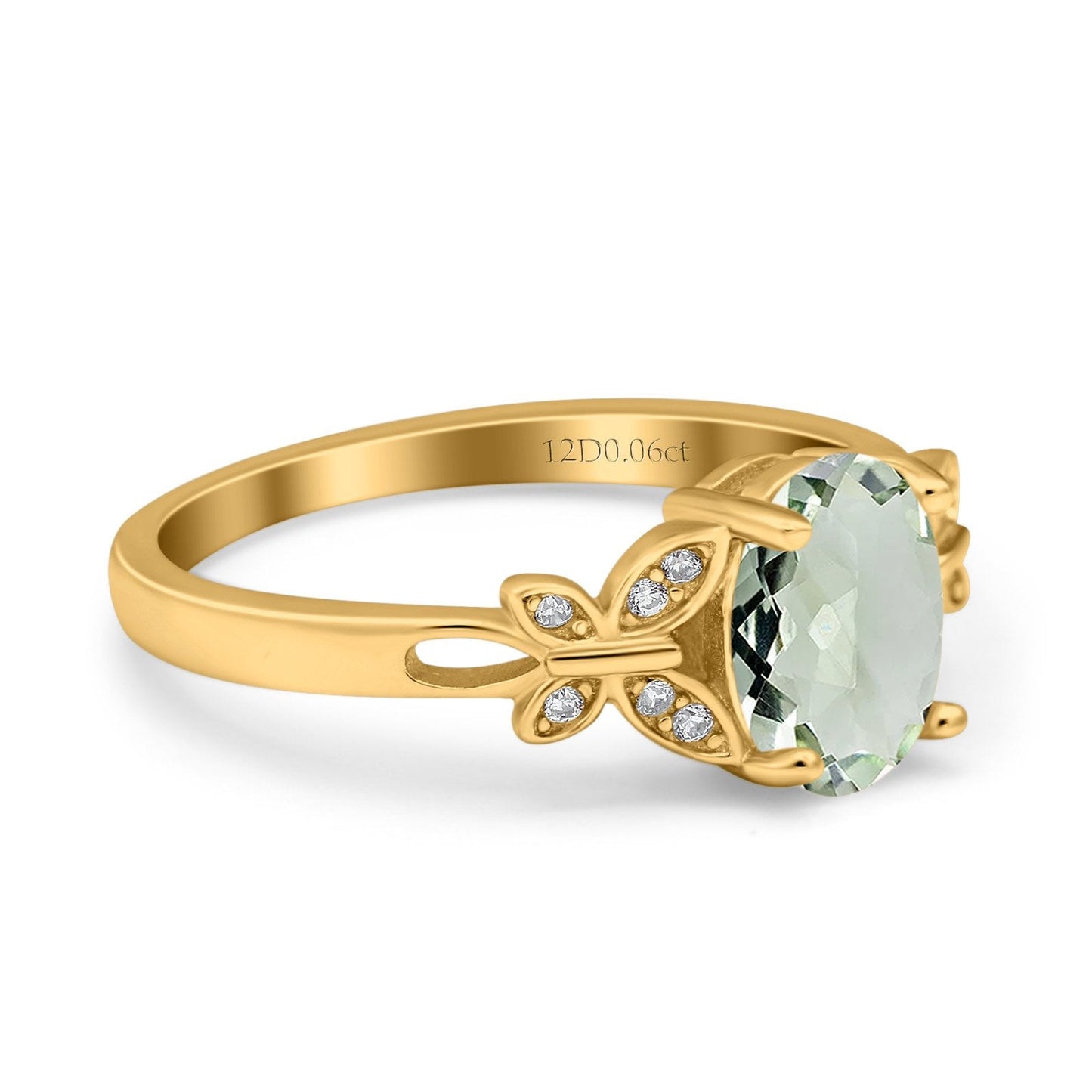 14K Yellow Gold 1.27ct Oval 8mmx6mm Butterfly Accent G SI Natural Green Amethyst Diamond Engagement Wedding Ring Size 6.5