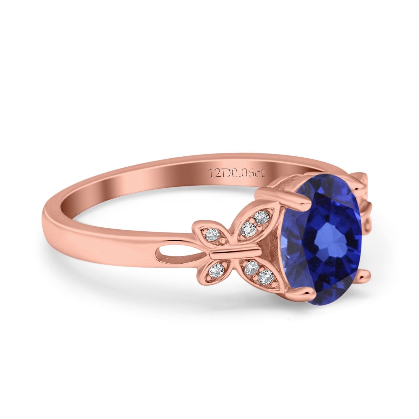 14K Rose Gold 1.27ct Oval 8mmx6mm Butterfly Accent G SI Nano Blue Sapphire Diamond Engagement Wedding Ring Size 6.5