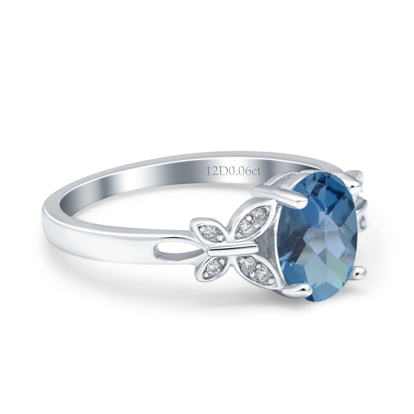 14K White Gold 1.27ct Oval 8mmx6mm Butterfly Accent G SI London Blue Topaz Diamond Engagement Wedding Ring Size 6.5