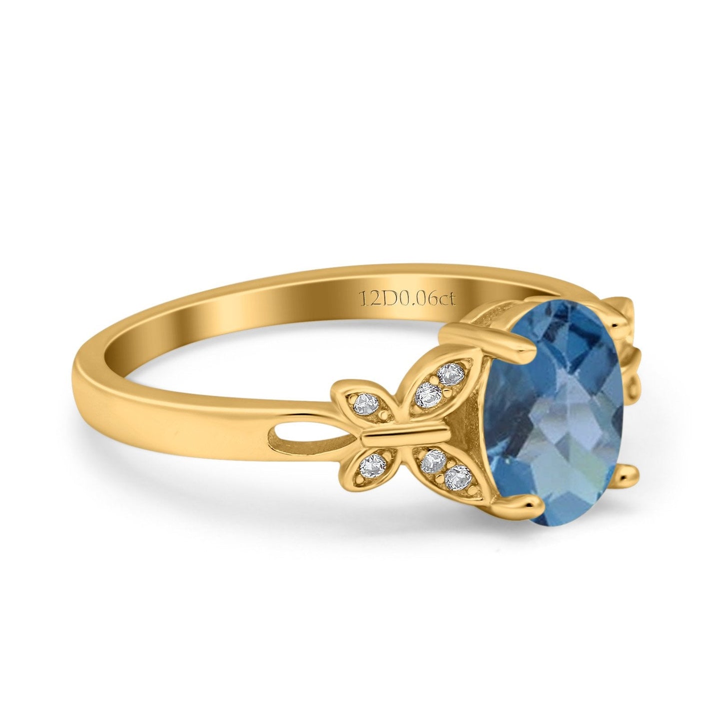 14K Yellow Gold 1.27ct Oval 8mmx6mm Butterfly Accent G SI London Blue Topaz Diamond Engagement Wedding Ring Size 6.5