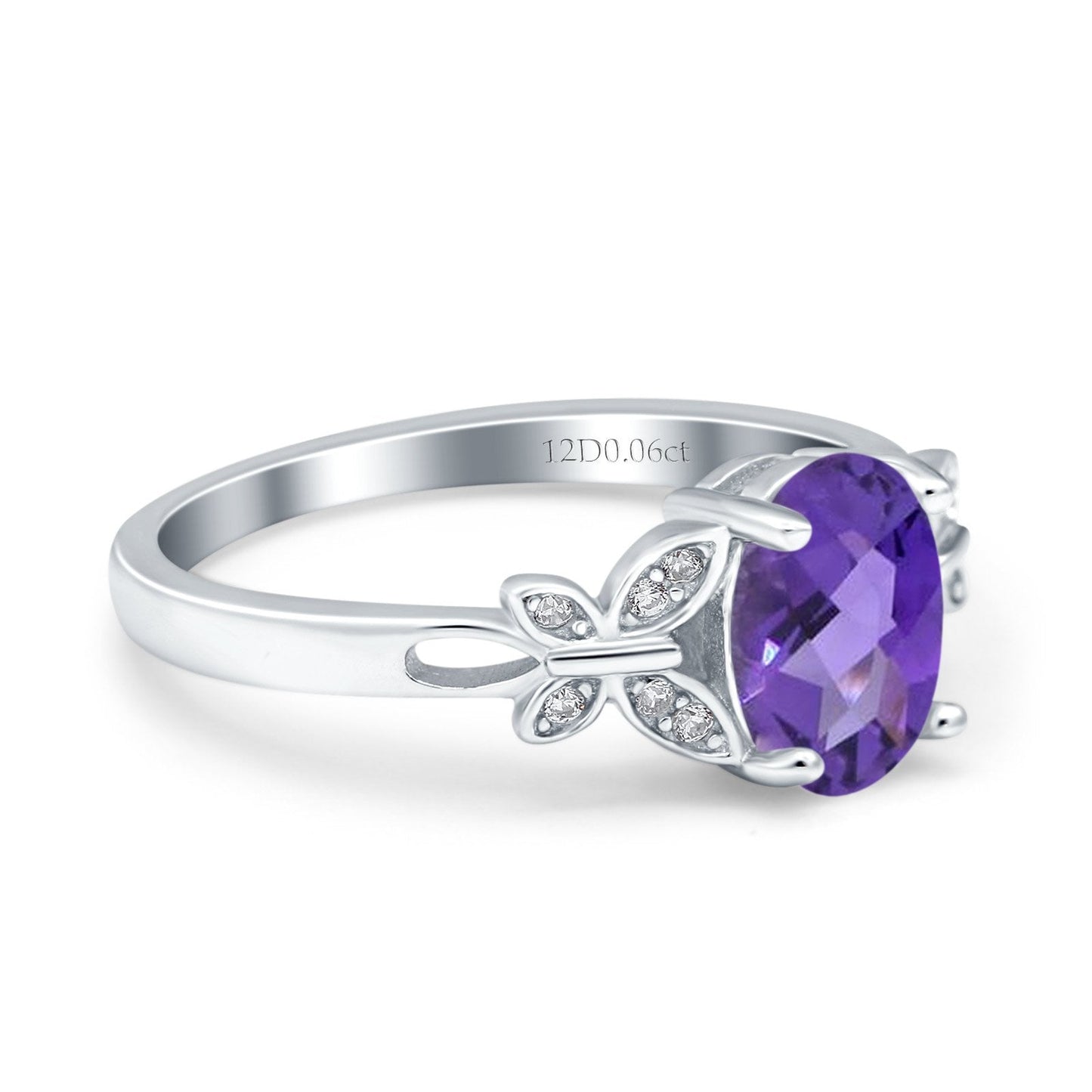 14K White Gold 1.27ct Oval 8mmx6mm Butterfly Accent G SI Natural Amethyst Diamond Engagement Wedding Ring Size 6.5