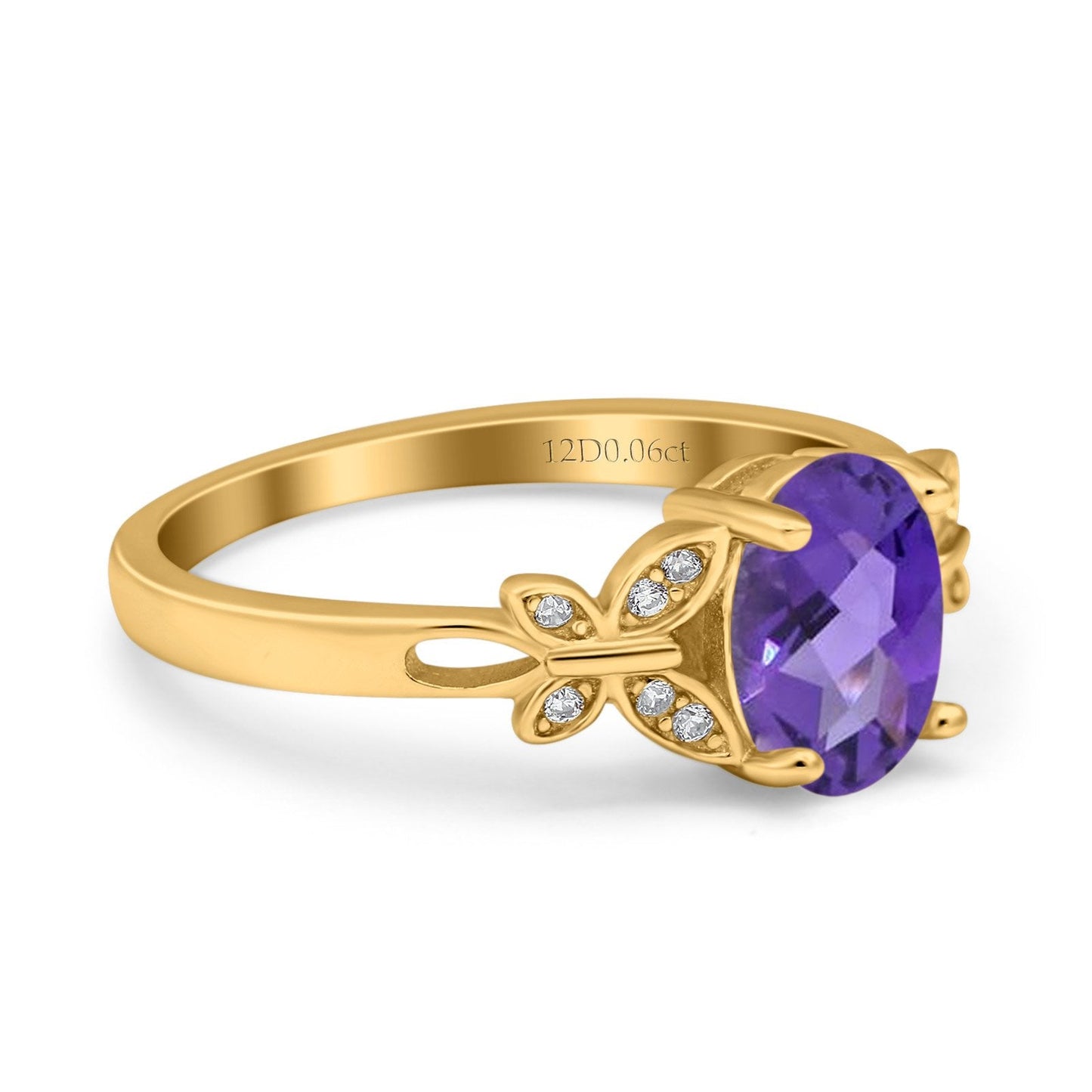 14K Yellow Gold 1.27ct Oval 8mmx6mm Butterfly Accent G SI Natural Amethyst Diamond Engagement Wedding Ring Size 6.5