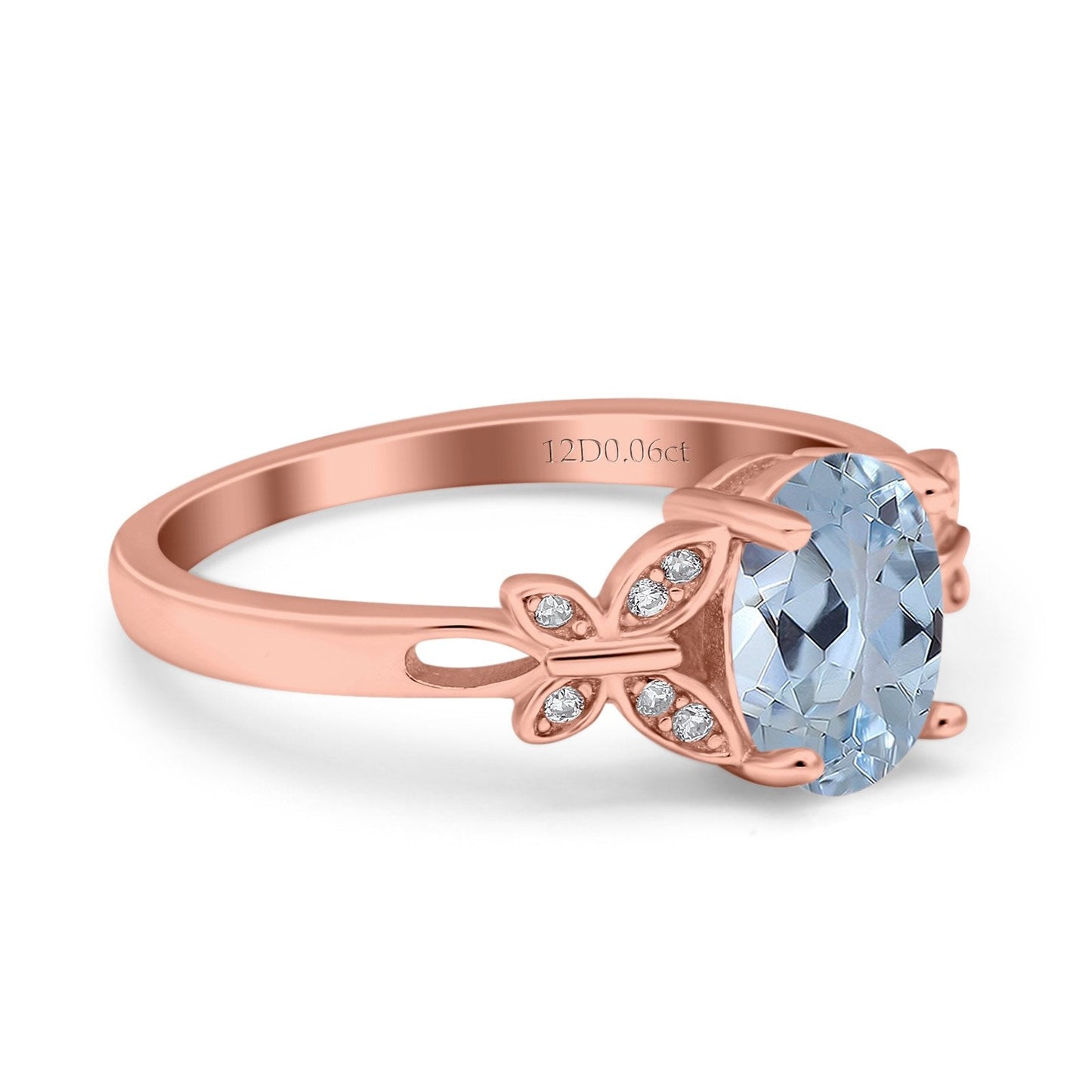 14K Rose Gold 1.27ct Oval 8mmx6mm Butterfly Accent G SI Natural Aquamarine Diamond Engagement Wedding Ring Size 6.5