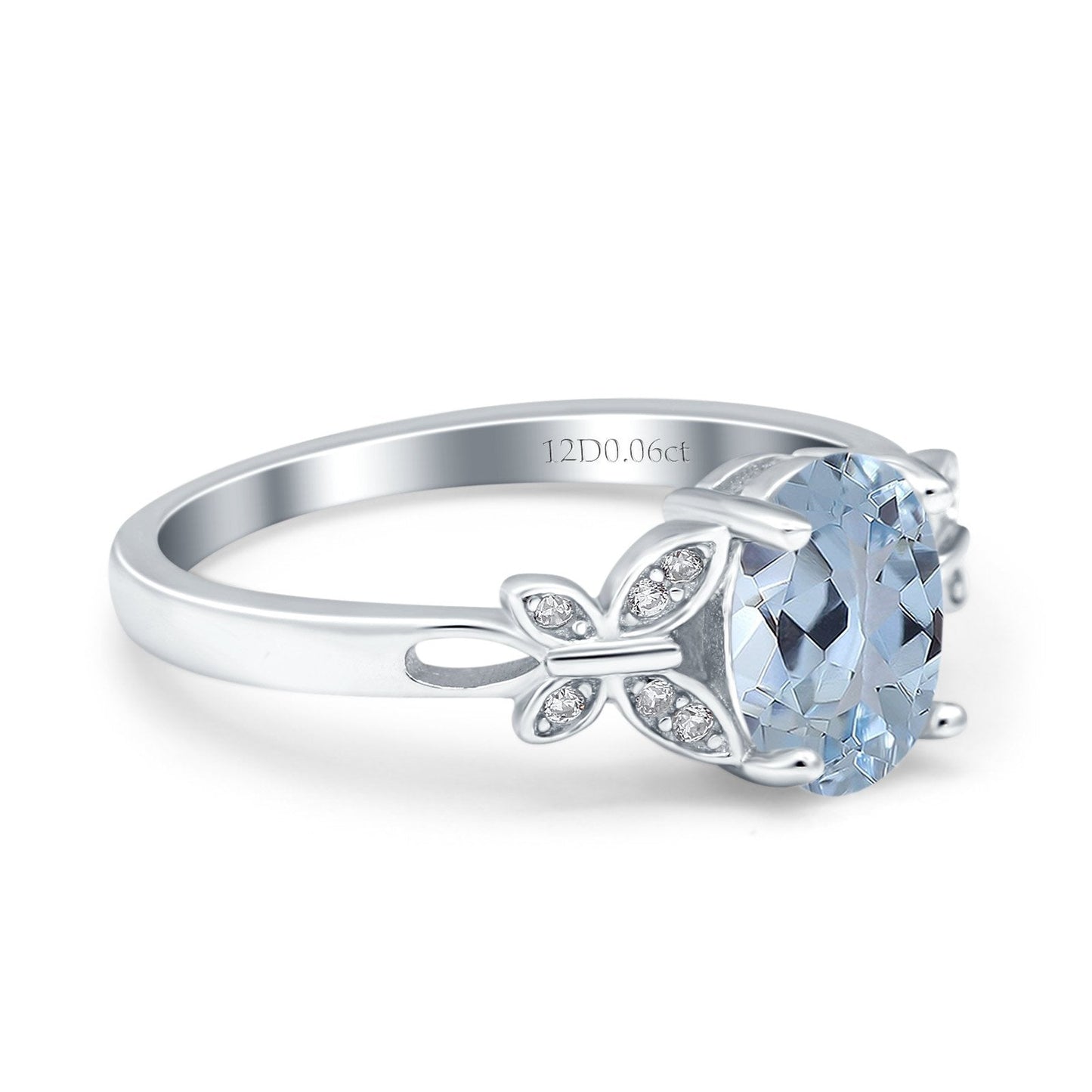 14K White Gold 1.27ct Oval 8mmx6mm Butterfly Accent G SI Natural Aquamarine Diamond Engagement Wedding Ring Size 6.5