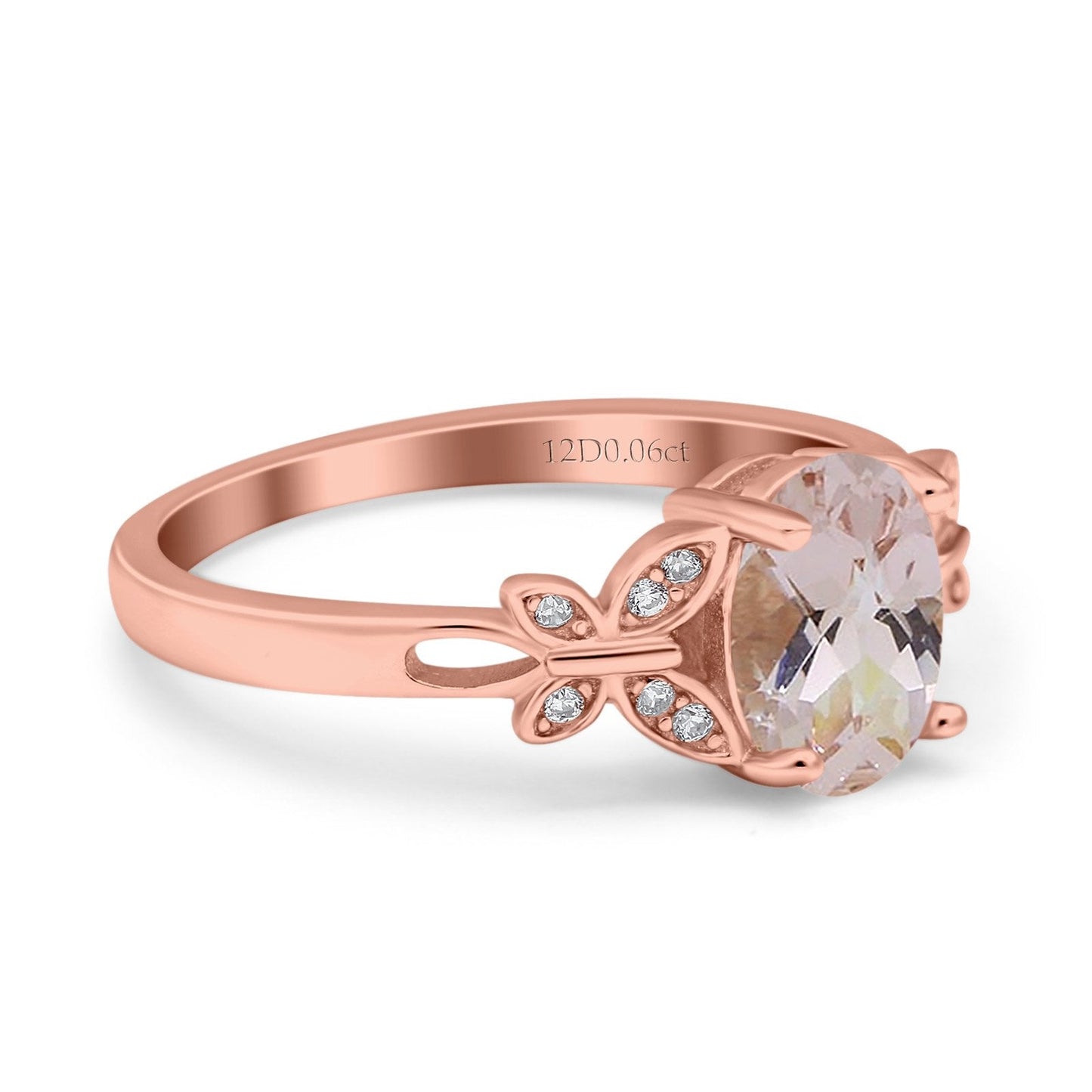 14K Rose Gold 1.27ct Oval 8mmx6mm Butterfly Accent G SI Natural Morganite Diamond Engagement Wedding Ring Size 6.5