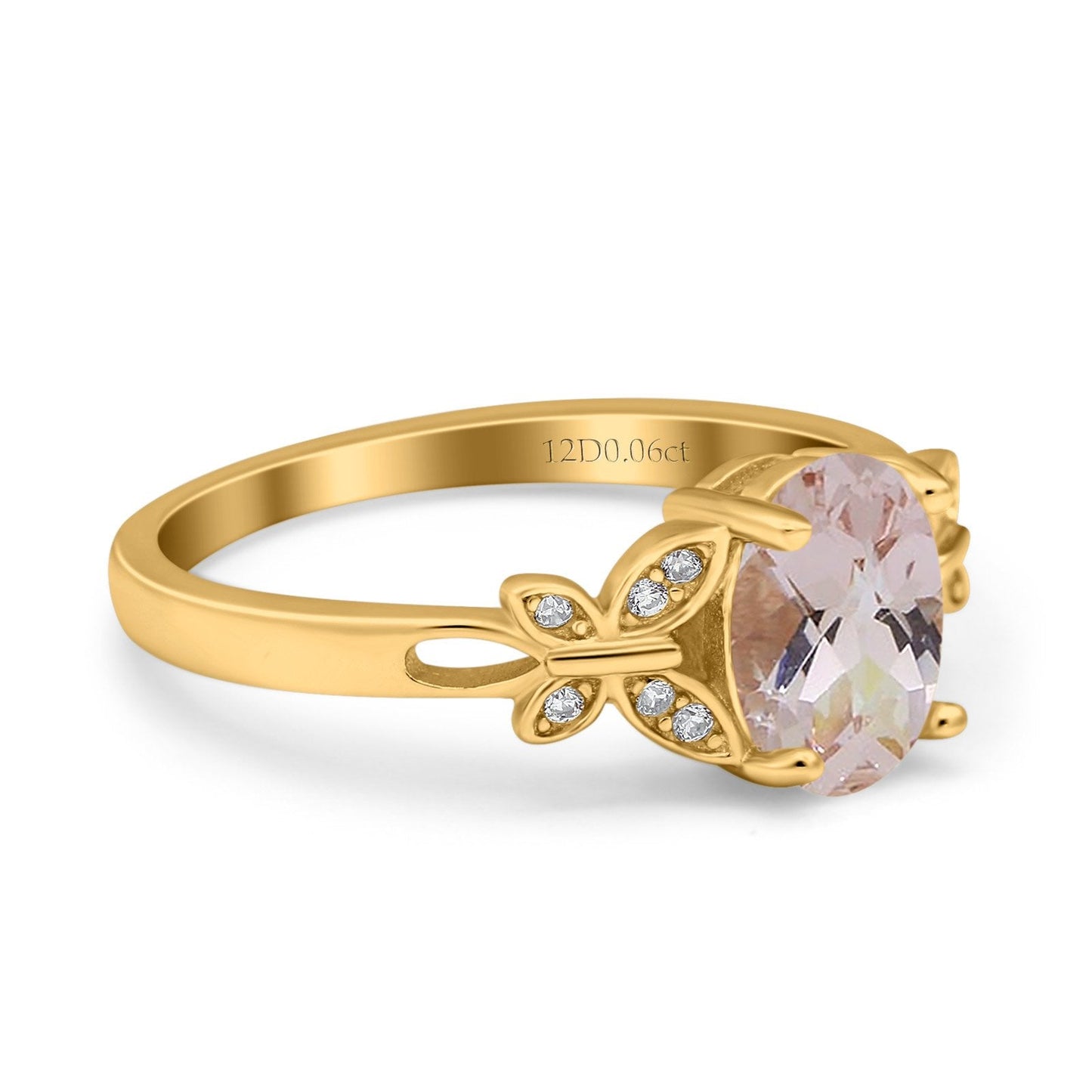 14K Yellow Gold 1.27ct Oval 8mmx6mm Butterfly Accent G SI Natural Morganite Diamond Engagement Wedding Ring Size 6.5