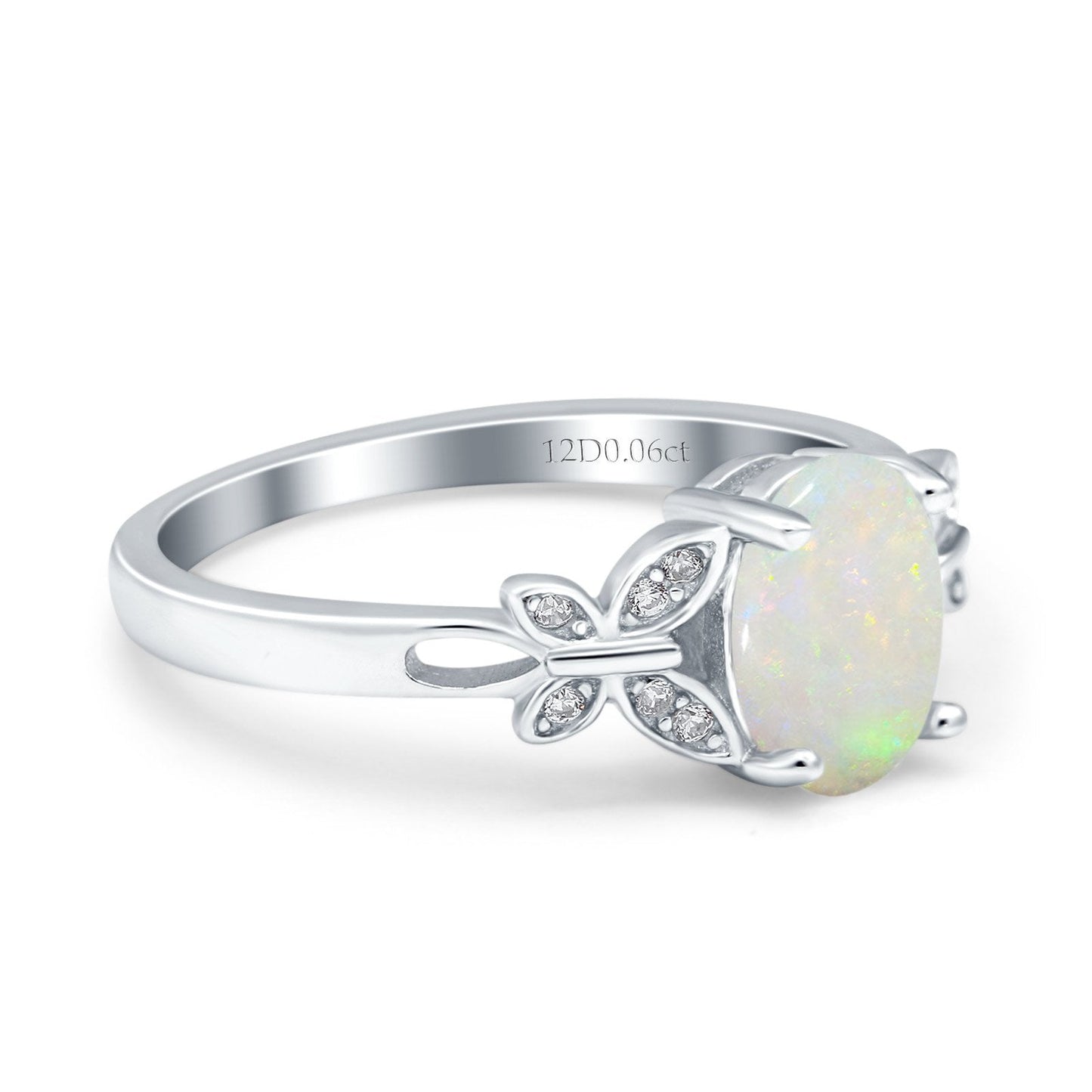 14K White Gold 0.06ct Oval 8mmx6mm Butterfly Accent G SI Natural White Opal Diamond Engagement Wedding Ring Size 6.5