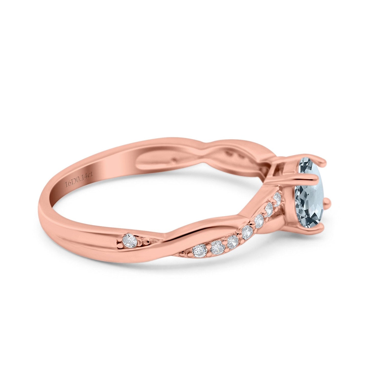 14K Rose Gold 0.98ct Round Art Deco 6mm G SI Natural Aquamarine Diamond Engagement Wedding Ring Size 6.5