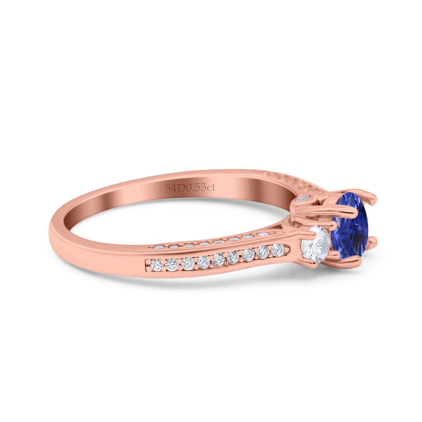 14K Rose Gold 1.37ct Round Three Stone Vintage 6mm G SI Nano Blue Sapphire Diamond Engagement Wedding Ring Size 6.5