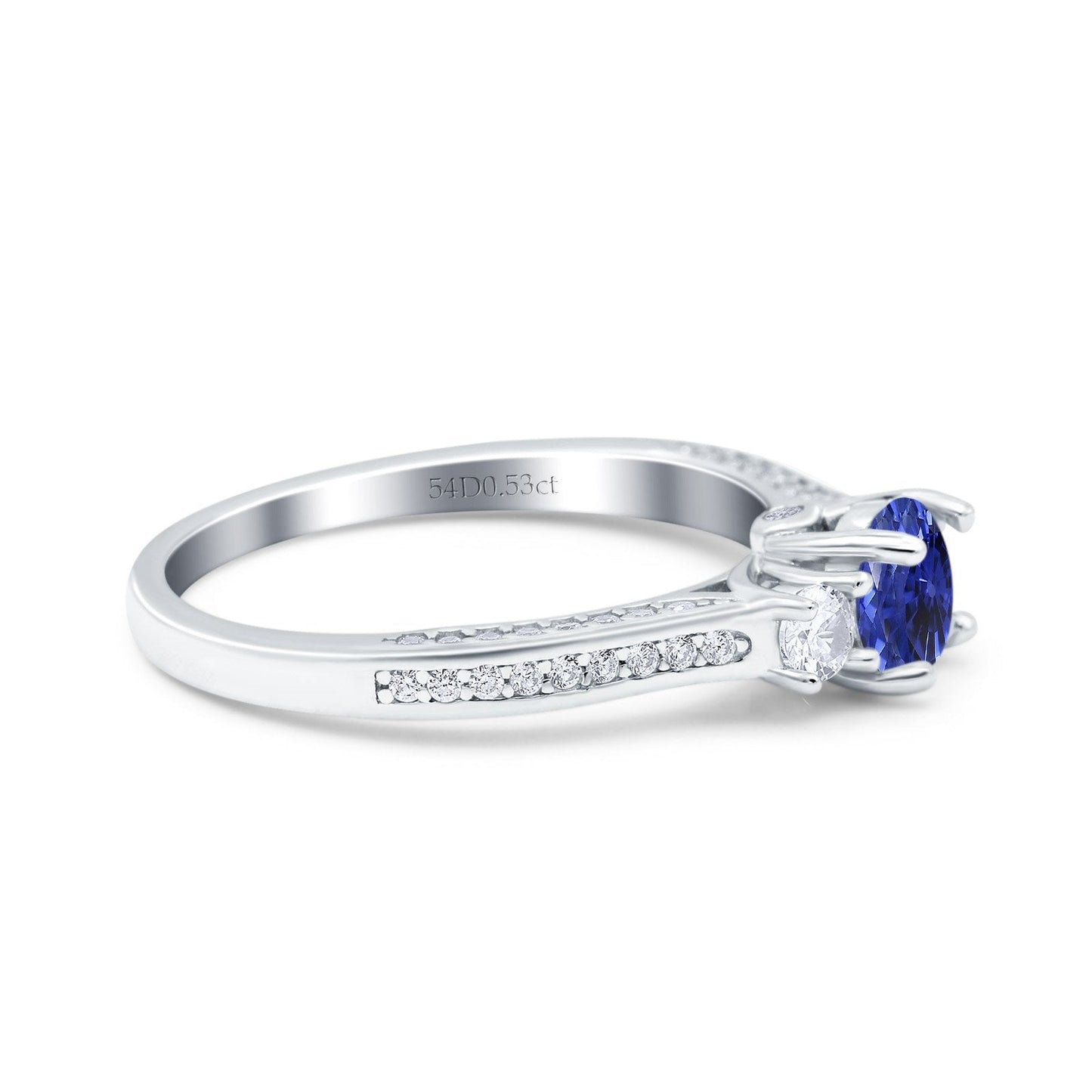 14K White Gold 1.37ct Round Three Stone Vintage 6mm G SI Nano Blue Sapphire Diamond Engagement Wedding Ring Size 6.5