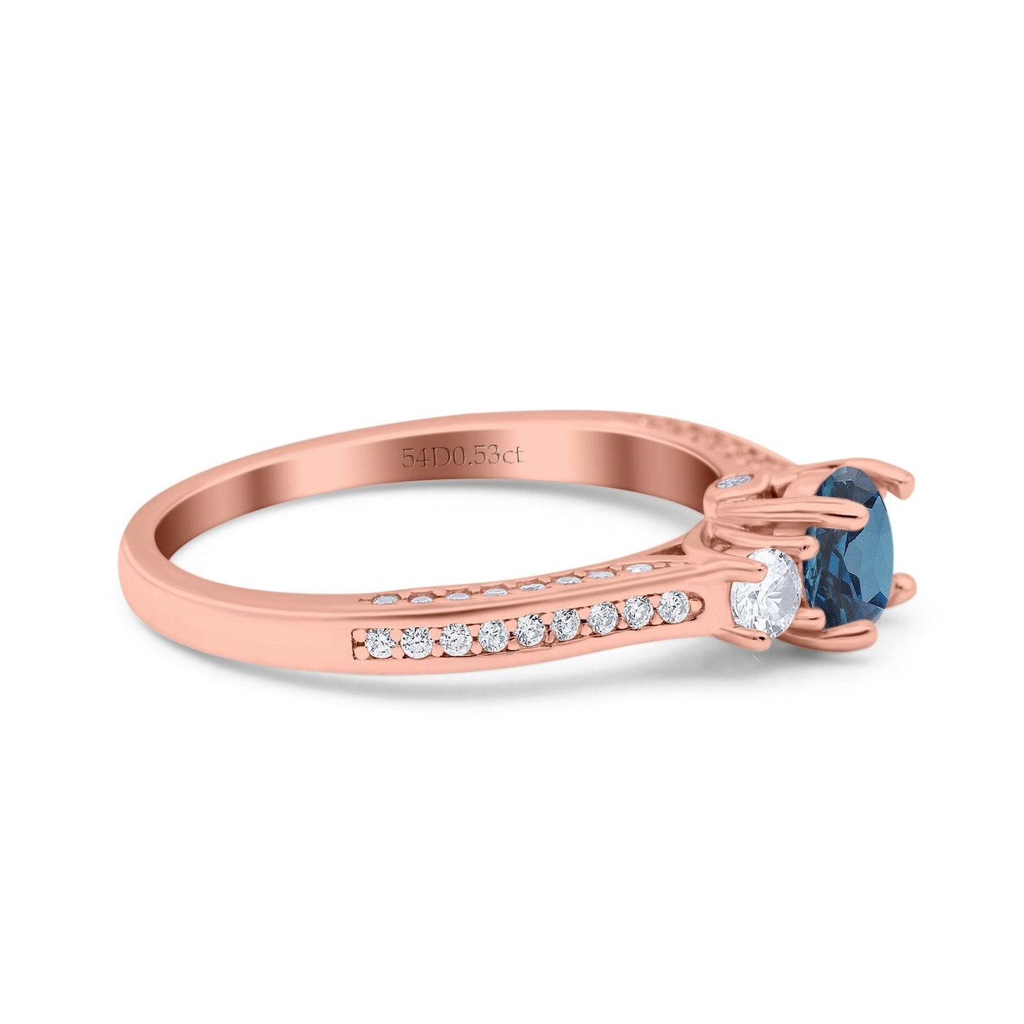 14K Rose Gold 1.37ct Round Three Stone Vintage 6mm G SI London Blue Topaz Diamond Engagement Wedding Ring Size 6.5