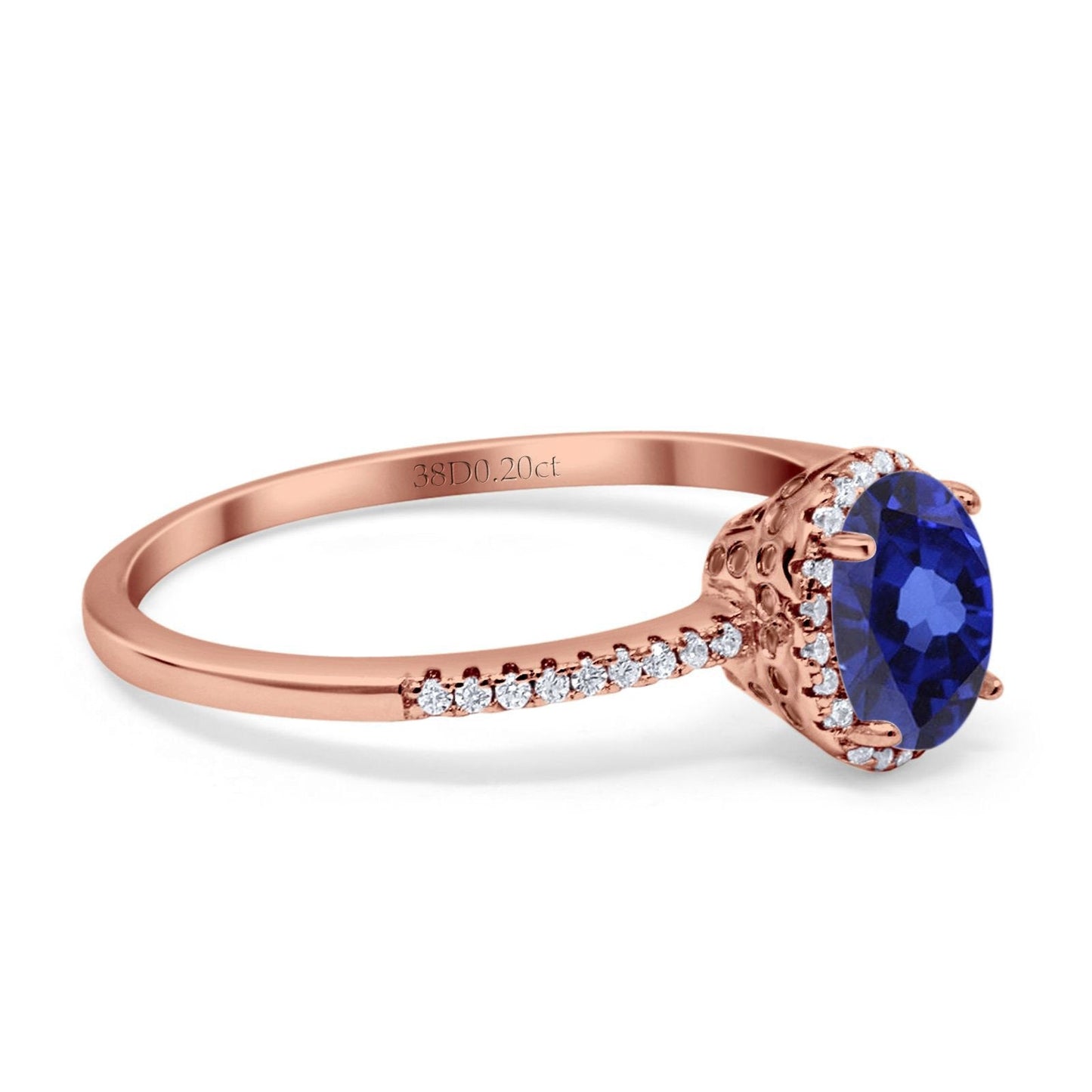 14K Rose Gold 1.41ct Oval 8mmx6mm Fashion Accent G SI Nano Blue Sapphire Diamond Engagement Wedding Ring Size 6.5