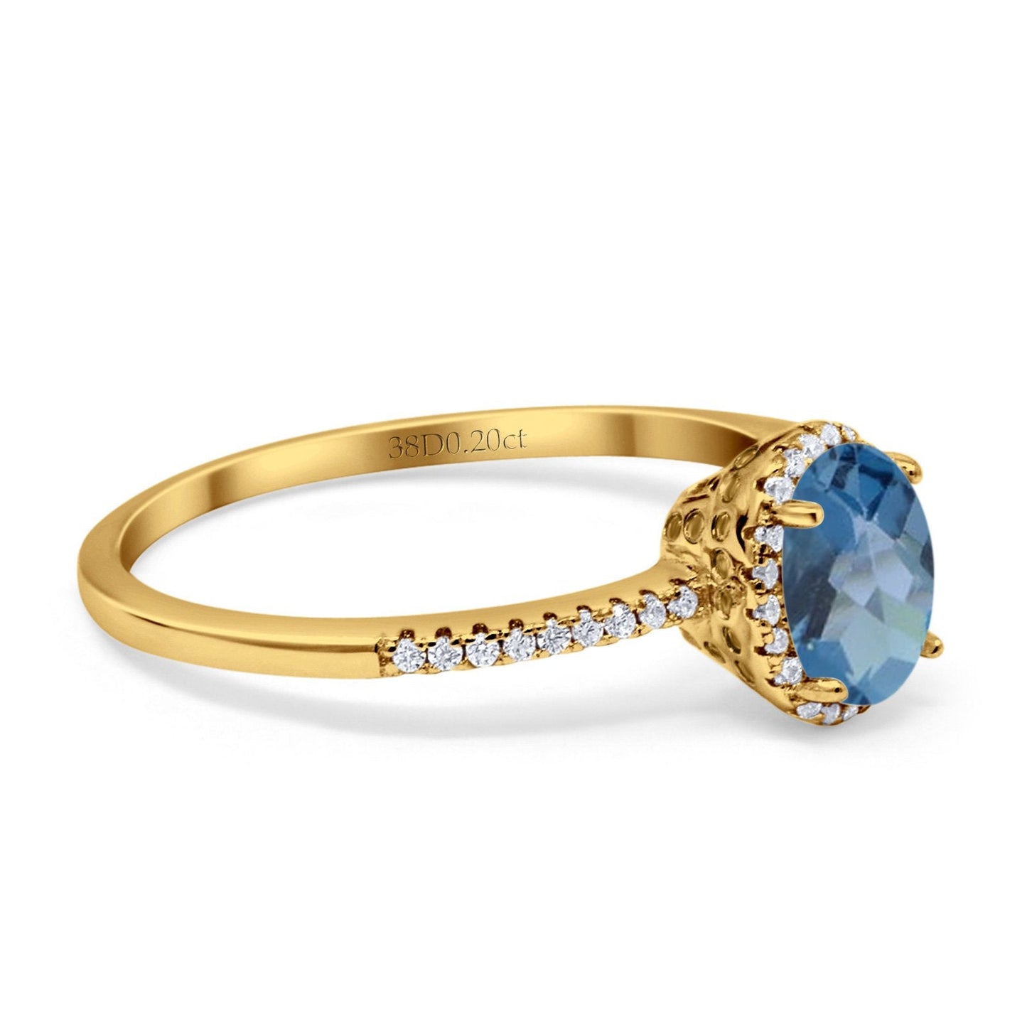 14K Yellow Gold 1.41ct Oval 8mmx6mm Fashion Accent G SI London Blue Topaz Diamond Engagement Wedding Ring Size 6.5