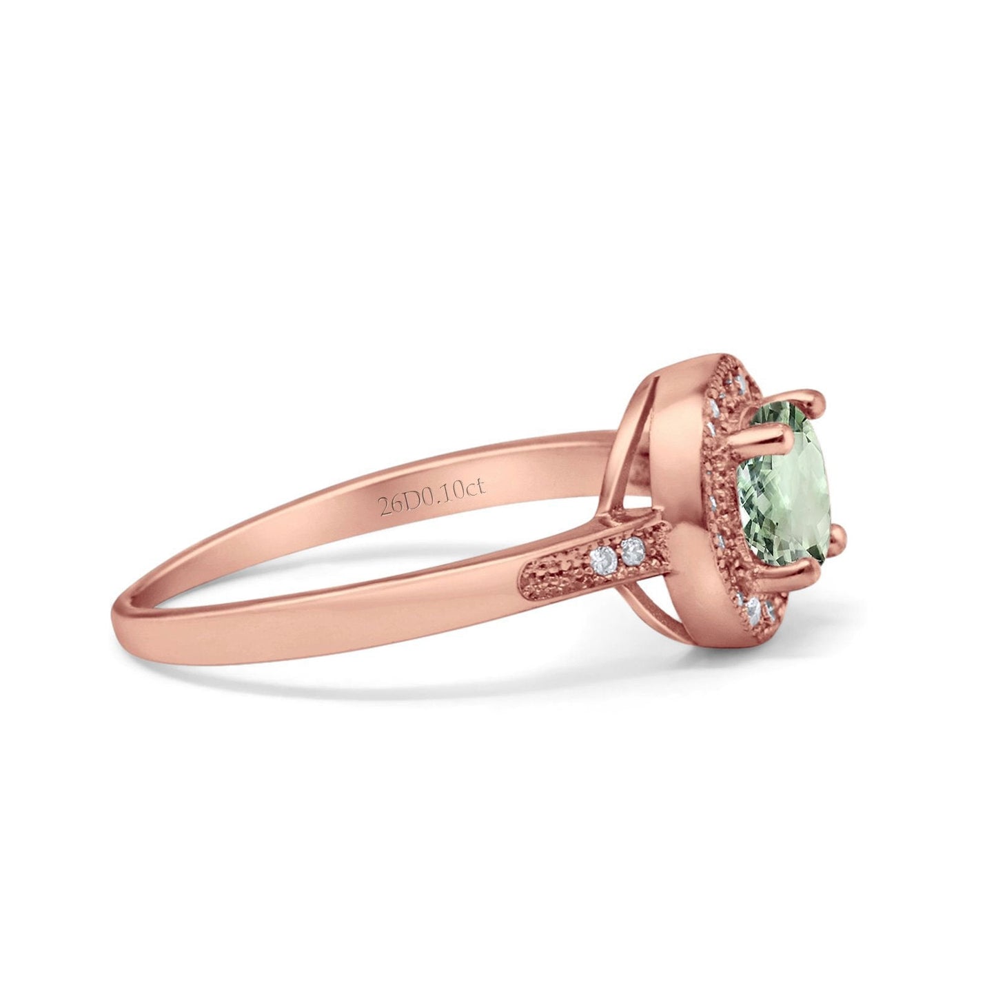 14K Rose Gold 0.94ct Round Art Deco 6mm G SI Natural Green Amethyst Diamond Engagement Wedding Ring Size 6.5