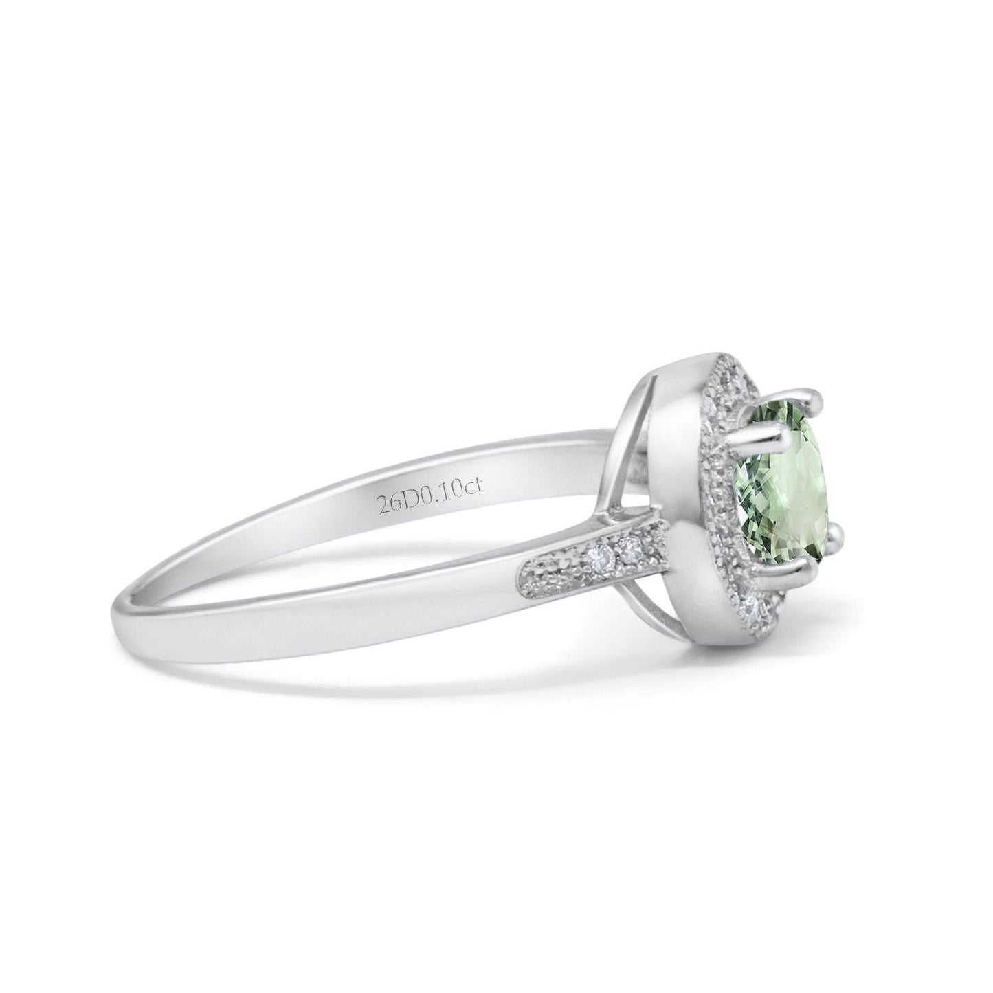 14K White Gold 0.94ct Round Art Deco 6mm G SI Natural Green Amethyst Diamond Engagement Wedding Ring Size 6.5