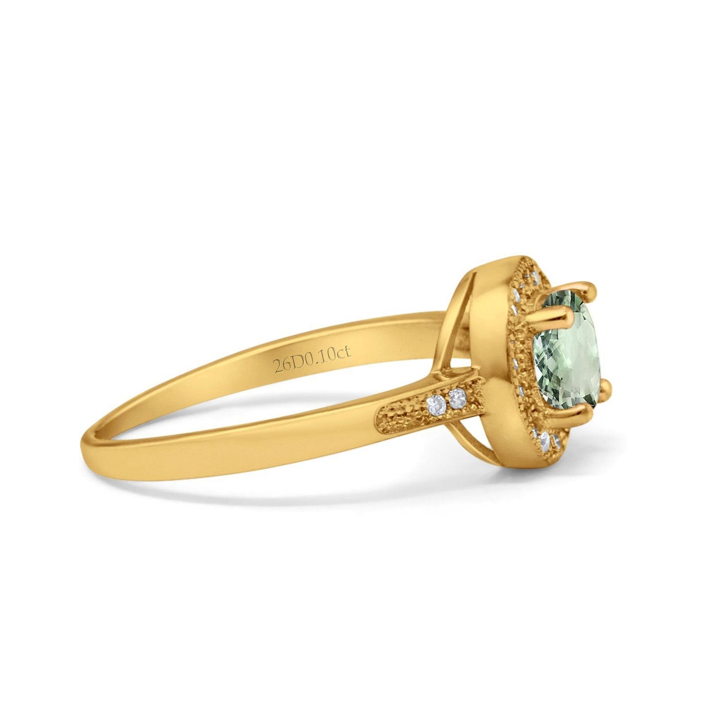 14K Yellow Gold 0.94ct Round Art Deco 6mm G SI Natural Green Amethyst Diamond Engagement Wedding Ring Size 6.5