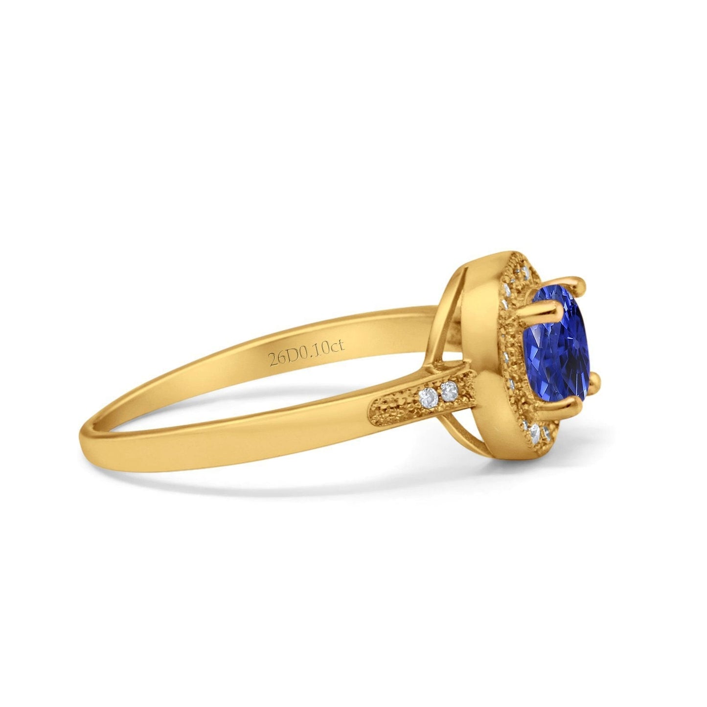 14K Yellow Gold 0.94ct Round Art Deco 6mm G SI Nano Blue Sapphire Diamond Engagement Wedding Ring Size 6.5