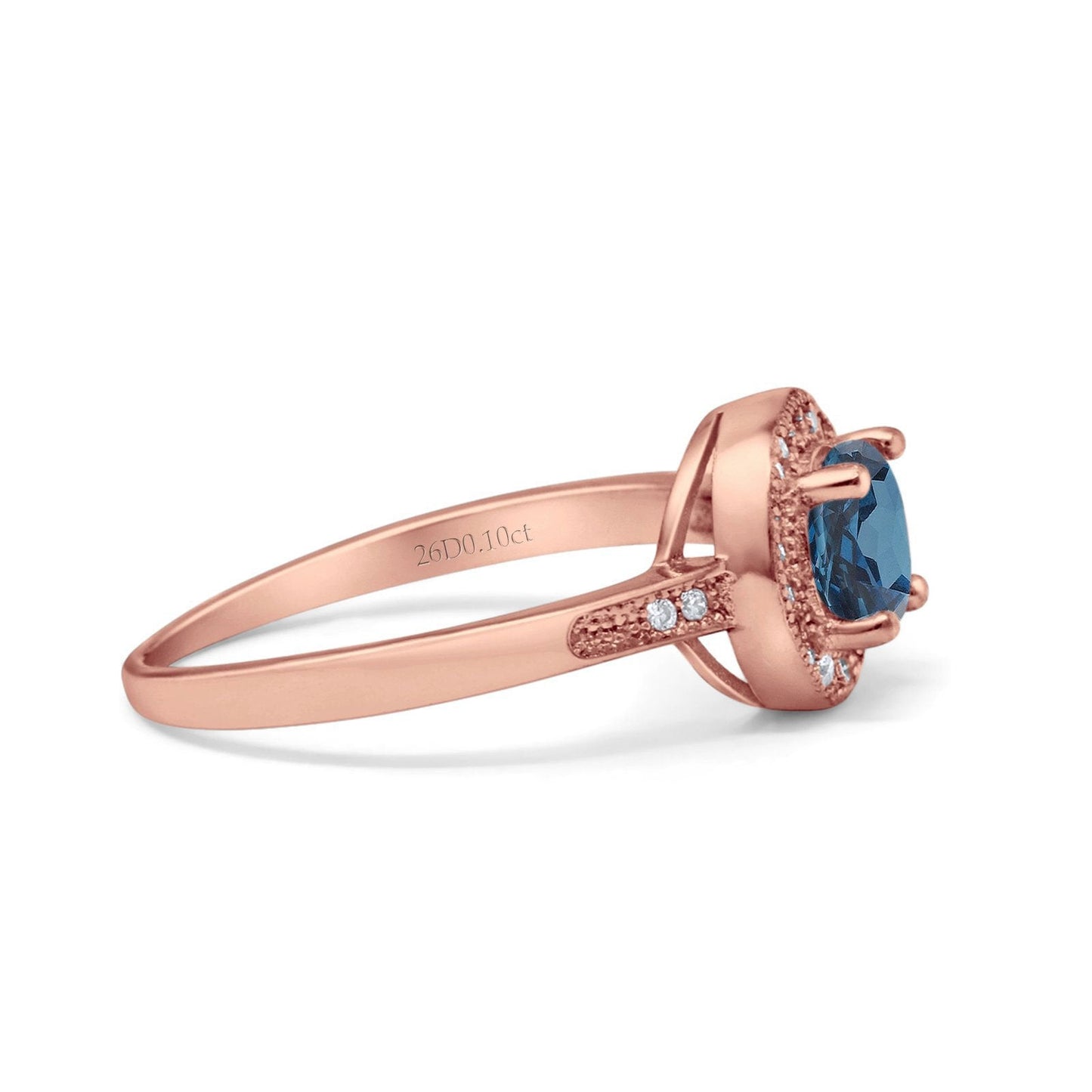 14K Rose Gold 0.94ct Round Art Deco 6mm G SI London Blue Topaz Diamond Engagement Wedding Ring Size 6.5