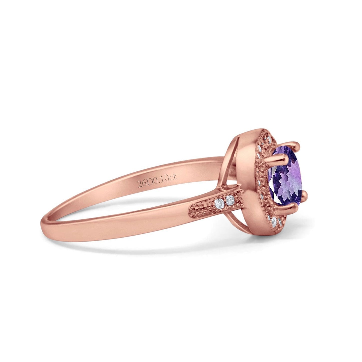 14K Rose Gold 0.94ct Round Art Deco 6mm G SI Natural Amethyst Diamond Engagement Wedding Ring Size 6.5