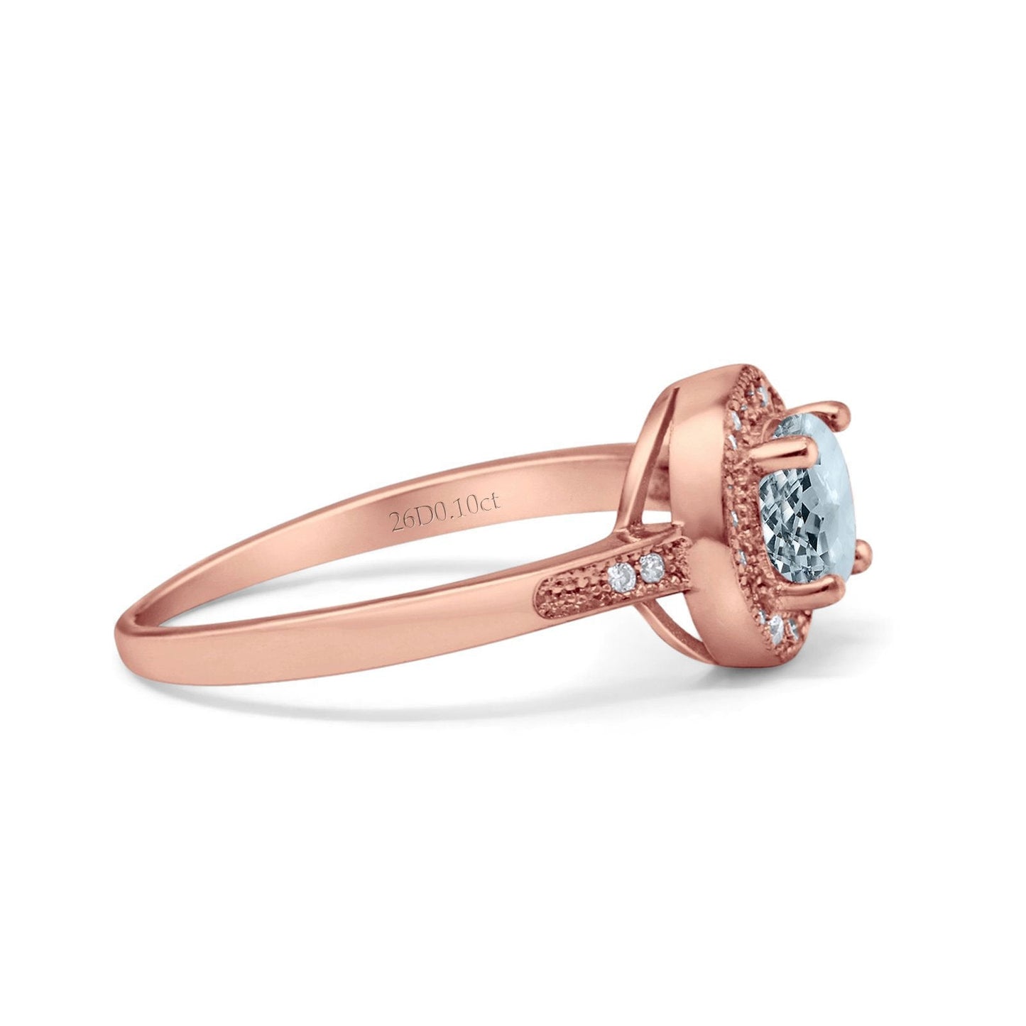 14K Rose Gold 0.94ct Round Art Deco 6mm G SI Natural Aquamarine Diamond Engagement Wedding Ring Size 6.5