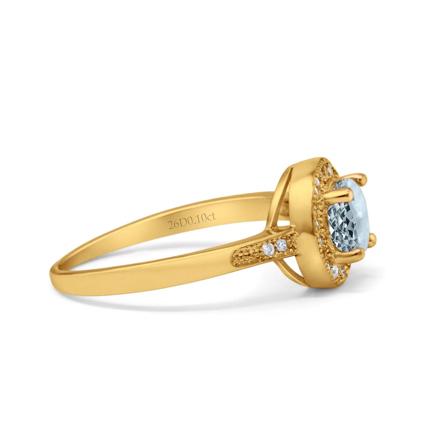 14K Yellow Gold 0.94ct Round Art Deco 6mm G SI Natural Aquamarine Diamond Engagement Wedding Ring Size 6.5