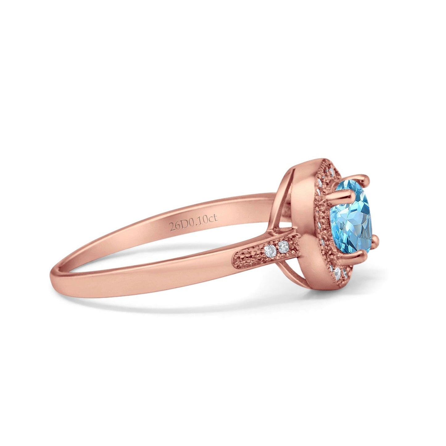 14K Rose Gold 0.94ct Round Art Deco 6mm G SI Natural Blue Topaz Diamond Engagement Wedding Ring Size 6.5