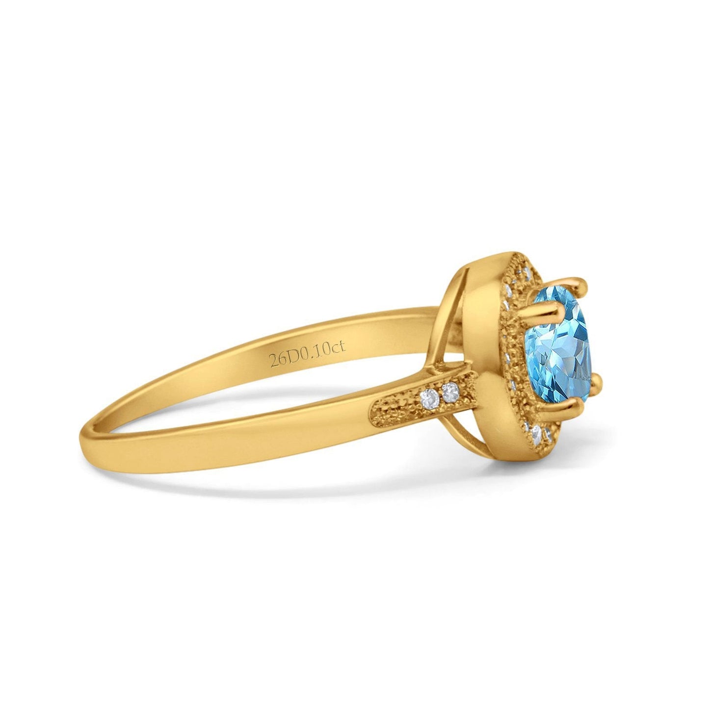 14K Yellow Gold 0.94ct Round Art Deco 6mm G SI Natural Blue Topaz Diamond Engagement Wedding Ring Size 6.5