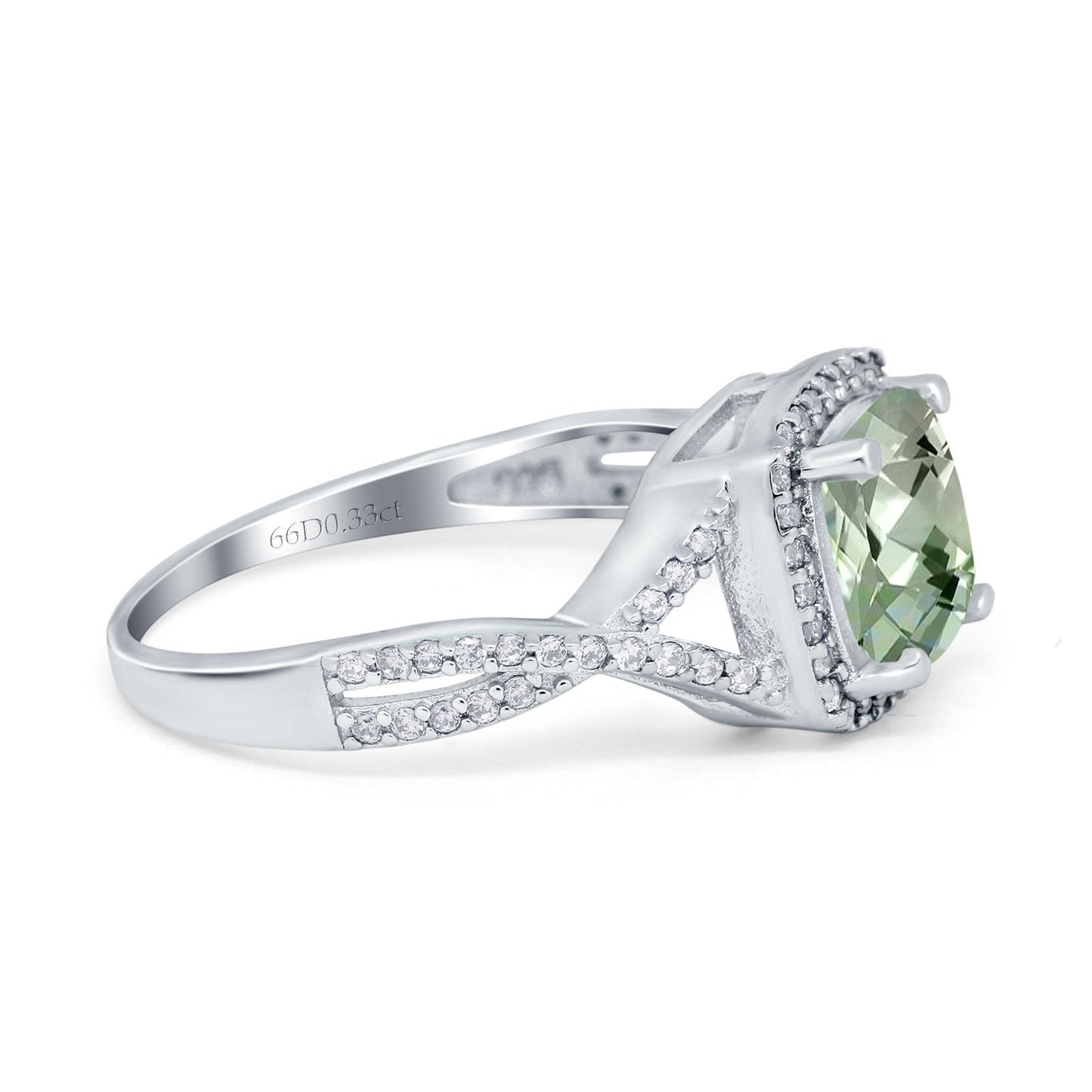 14K White Gold 2.37ct Cushion Infinity Shank 8mm G SI Natural Green Amethyst Diamond Engagement Wedding Ring Size 6.5