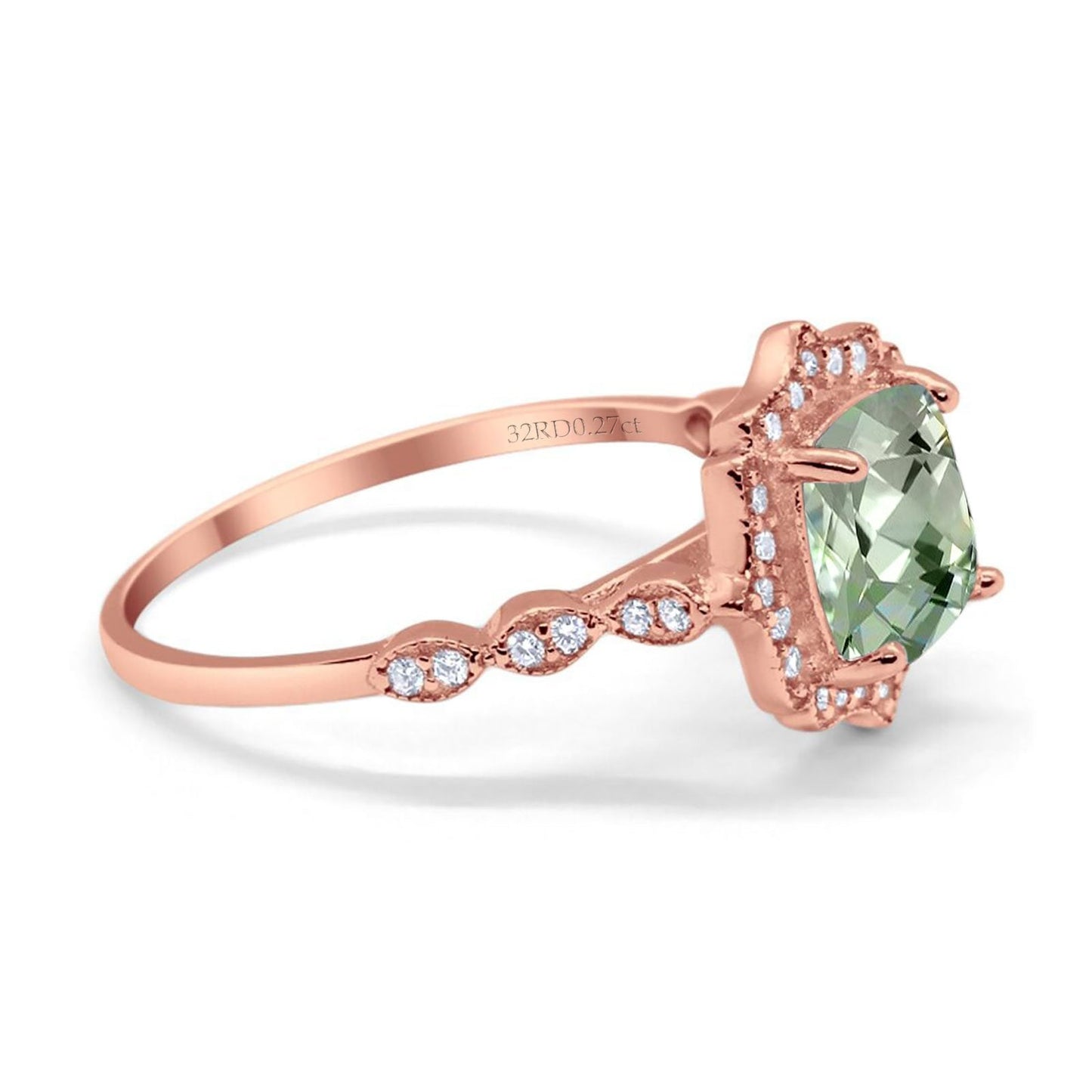 14K Rose Gold 2.31ct Cushion 8mm Halo G SI Natural Green Amethyst Diamond Engagement Wedding Ring Size 6.5