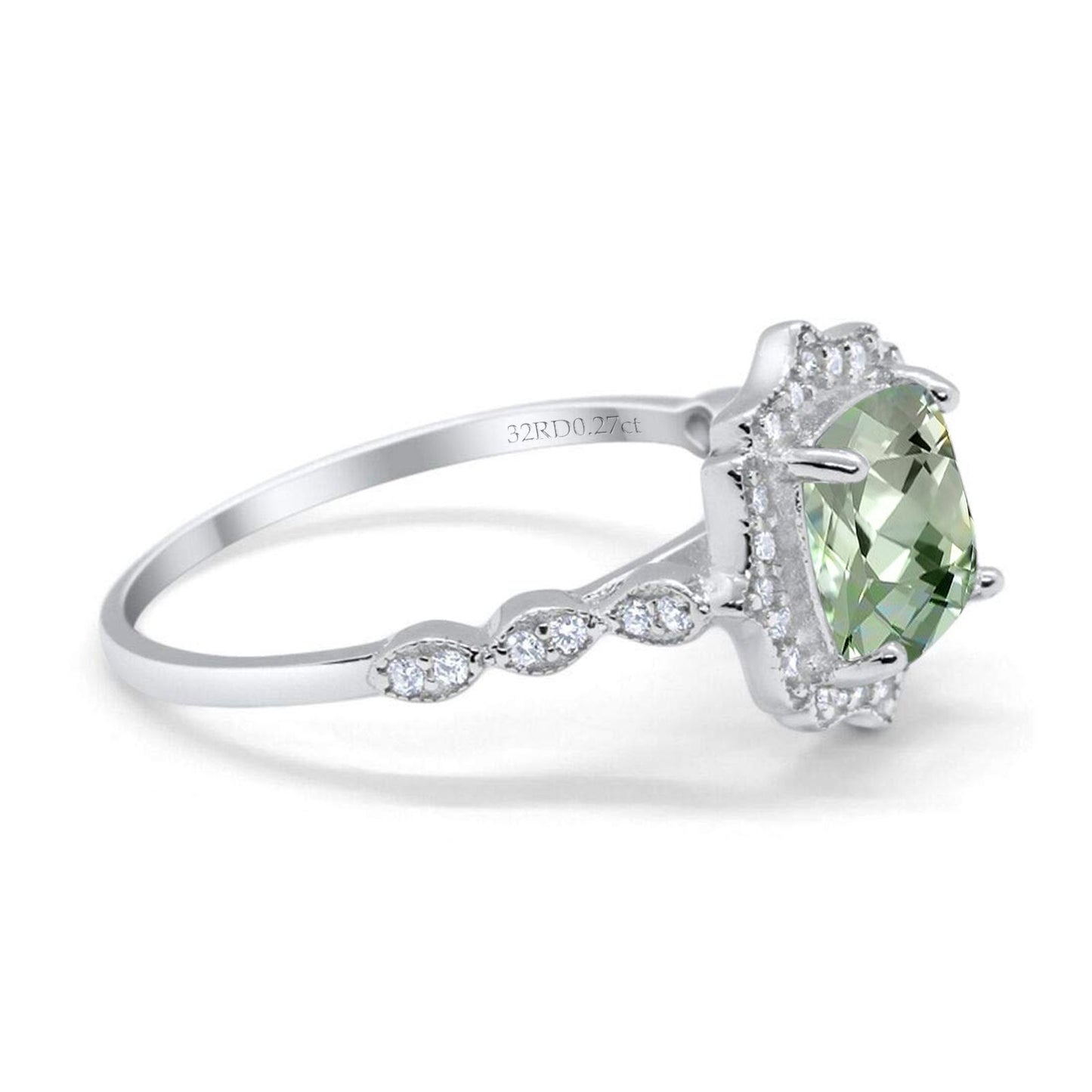 14K White Gold 2.31ct Cushion 8mm Halo G SI Natural Green Amethyst Diamond Engagement Wedding Ring Size 6.5