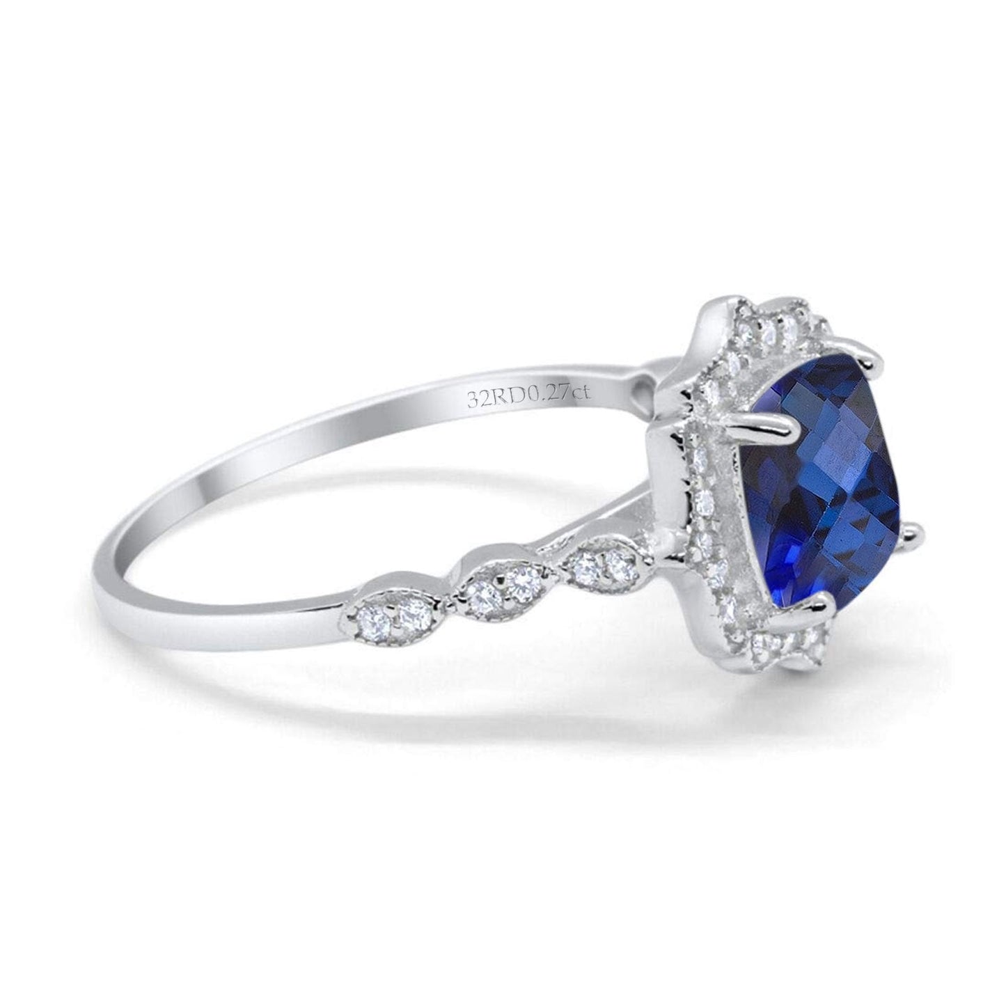 14K White Gold 2.31ct Cushion 8mm Halo G SI Nano Blue Sapphire Diamond Engagement Wedding Ring Size 6.5