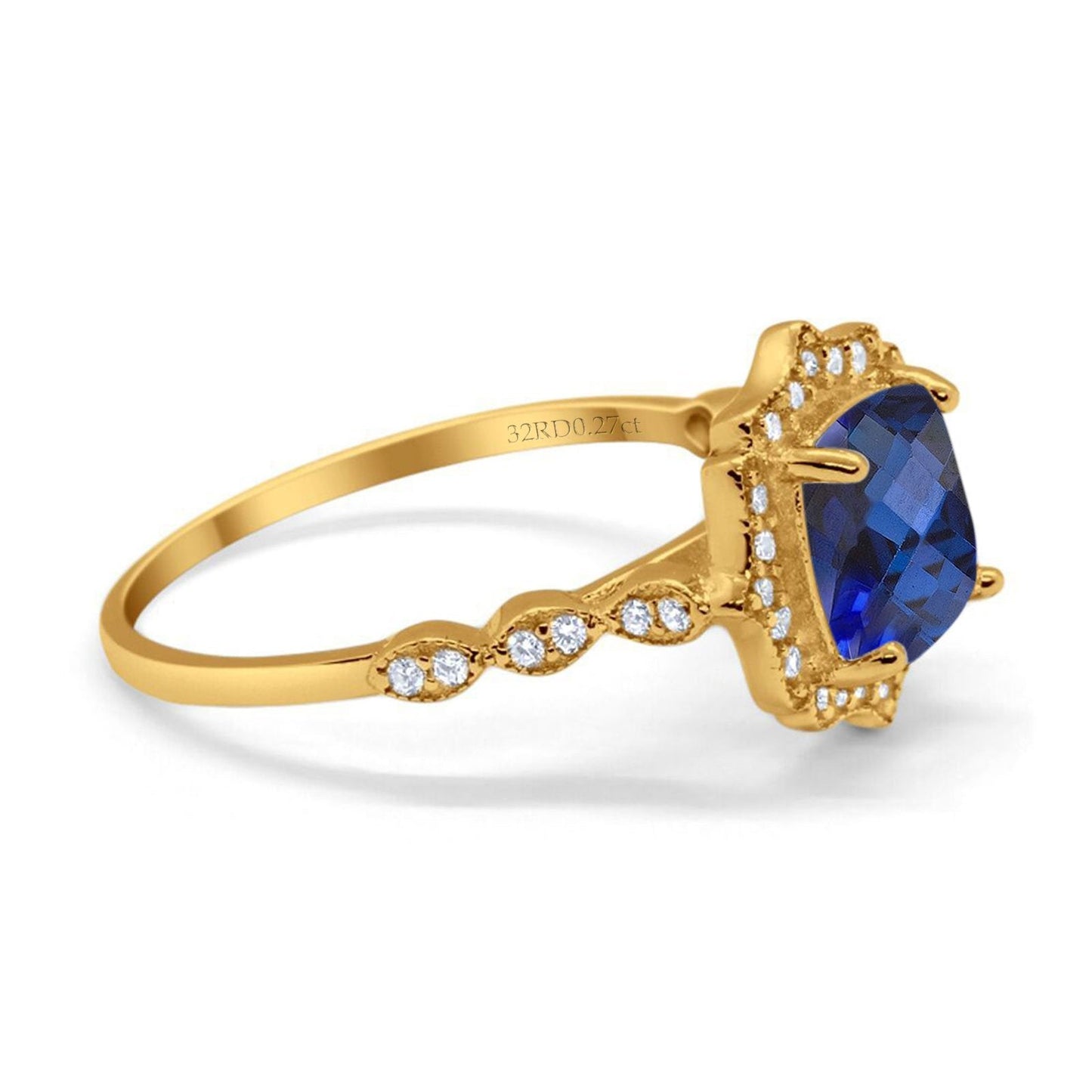 14K Yellow Gold 2.31ct Cushion 8mm Halo G SI Nano Blue Sapphire Diamond Engagement Wedding Ring Size 6.5