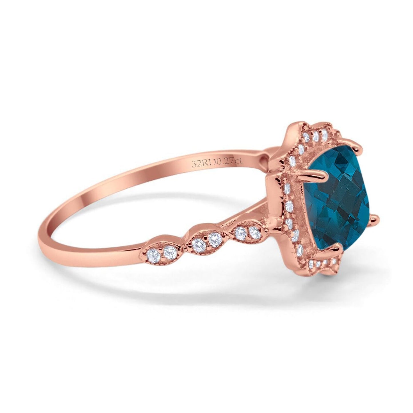 14K Rose Gold 2.31ct Cushion 8mm Halo G SI London Blue Topaz Diamond Engagement Wedding Ring Size 6.5