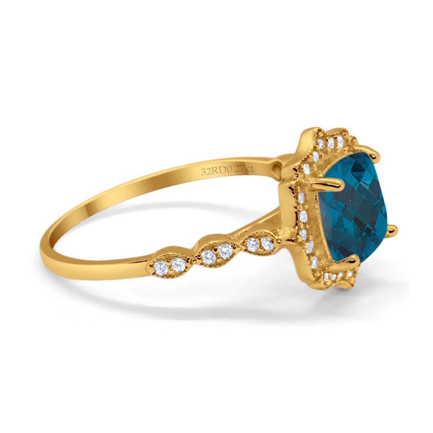 14K Yellow Gold 2.31ct Cushion 8mm Halo G SI London Blue Topaz Diamond Engagement Wedding Ring Size 6.5