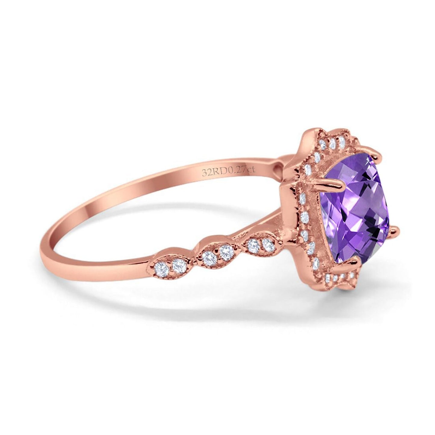 14K Rose Gold 2.31ct Cushion 8mm Halo G SI Natural Amethyst Diamond Engagement Wedding Ring Size 6.5