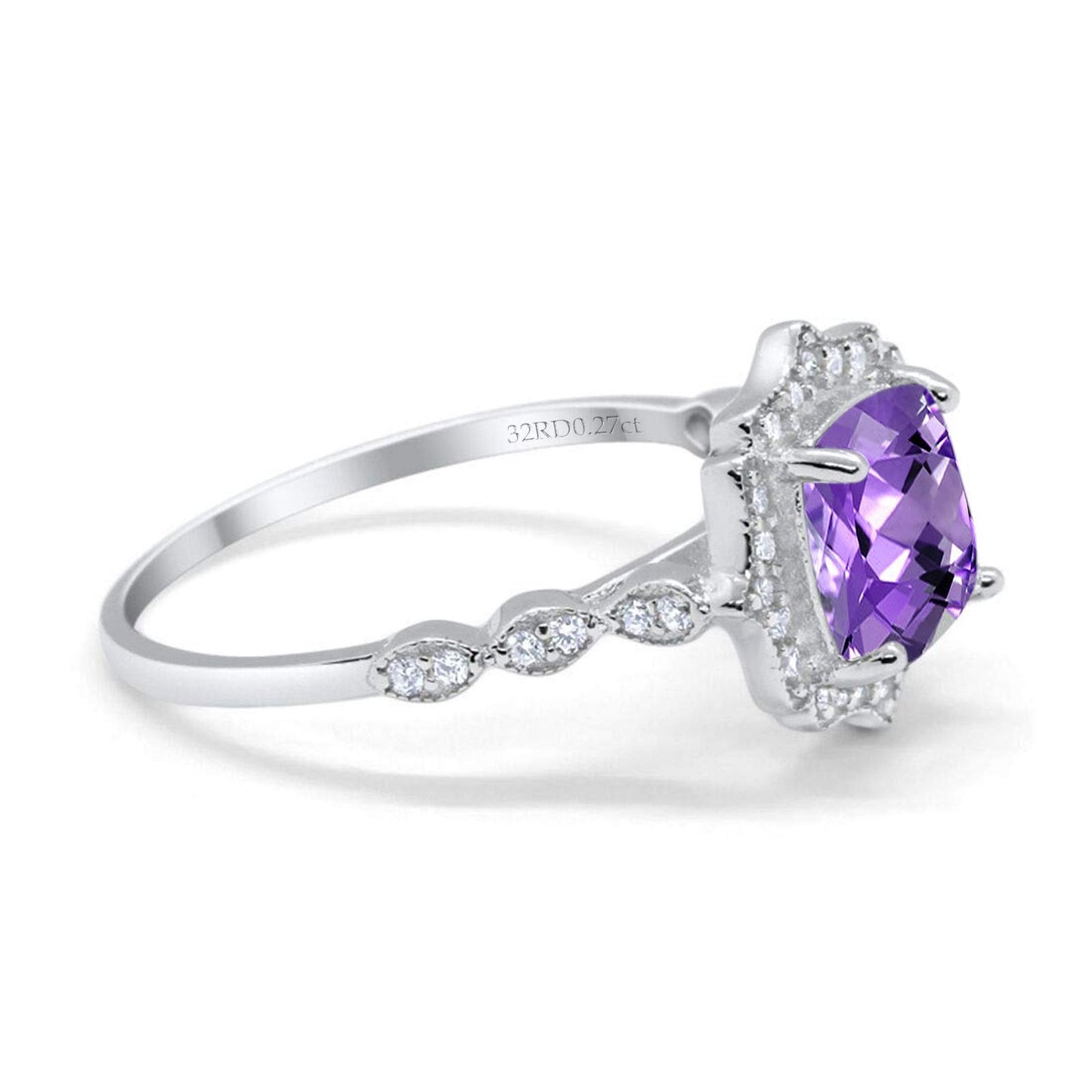 14K White Gold 2.31ct Cushion 8mm Halo G SI Natural Amethyst Diamond Engagement Wedding Ring Size 6.5