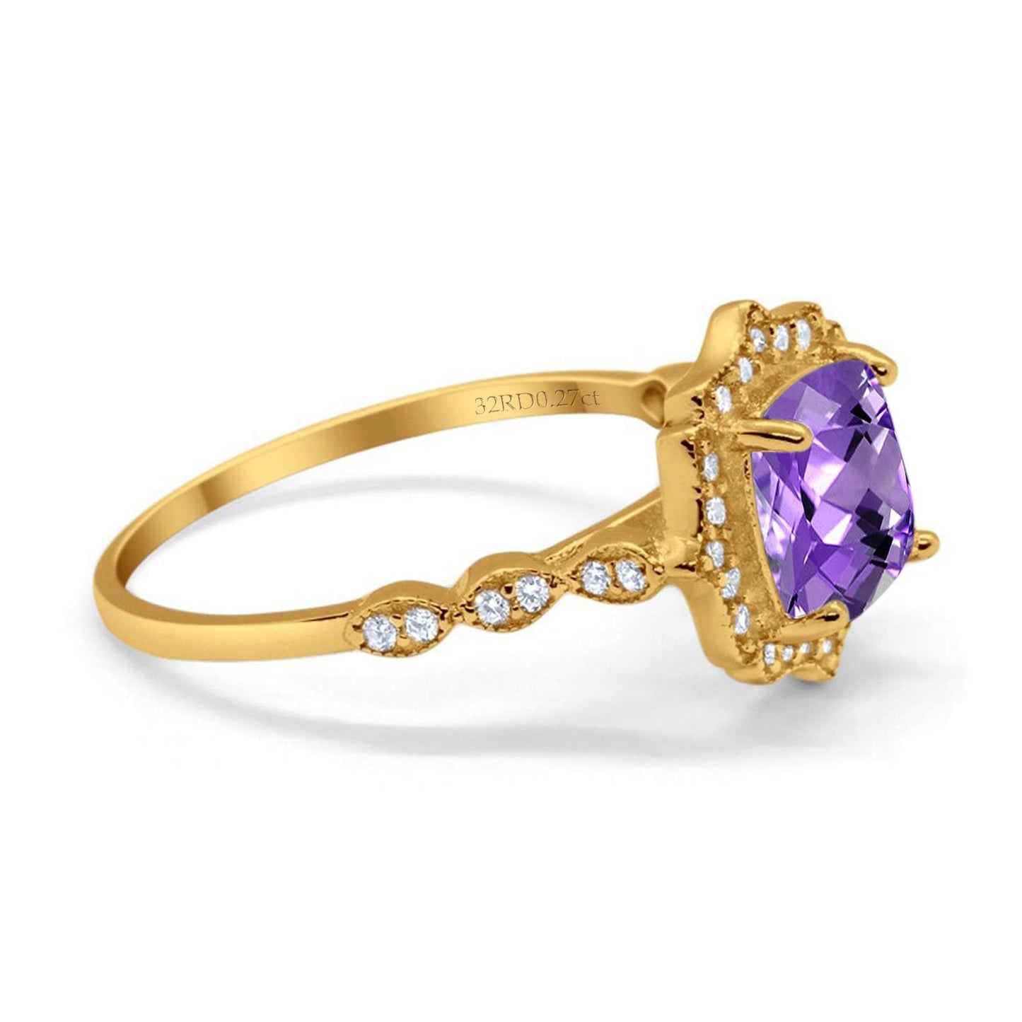 14K Yellow Gold 2.31ct Cushion 8mm Halo G SI Natural Amethyst Diamond Engagement Wedding Ring Size 6.5