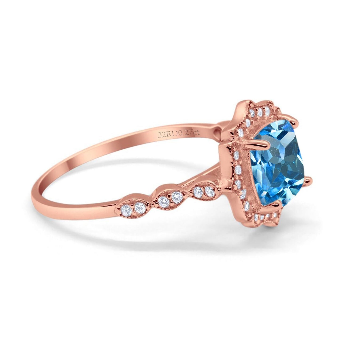 14K Rose Gold 2.31ct Cushion 8mm Halo G SI Natural Blue Topaz Diamond Engagement Wedding Ring Size 6.5