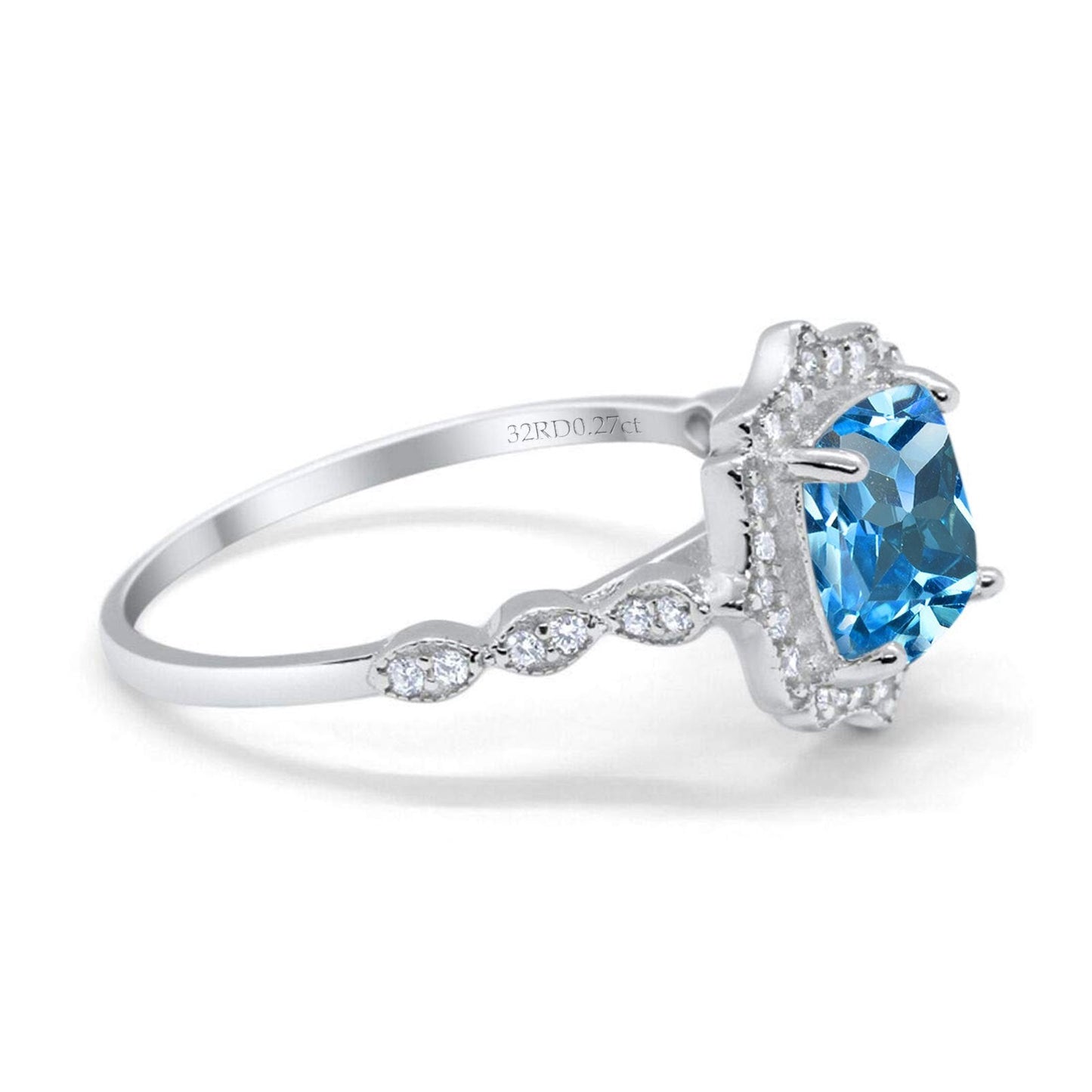 14K White Gold 2.31ct Cushion 8mm Halo G SI Natural Blue Topaz Diamond Engagement Wedding Ring Size 6.5