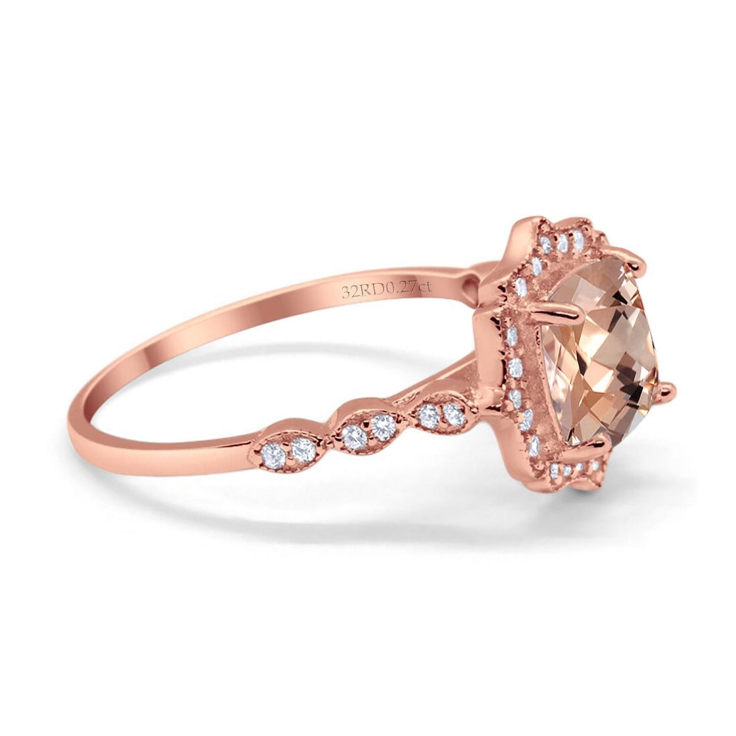 14K Rose Gold 2.31ct Cushion 8mm Halo G SI Natural Morganite Diamond Engagement Wedding Ring Size 6.5